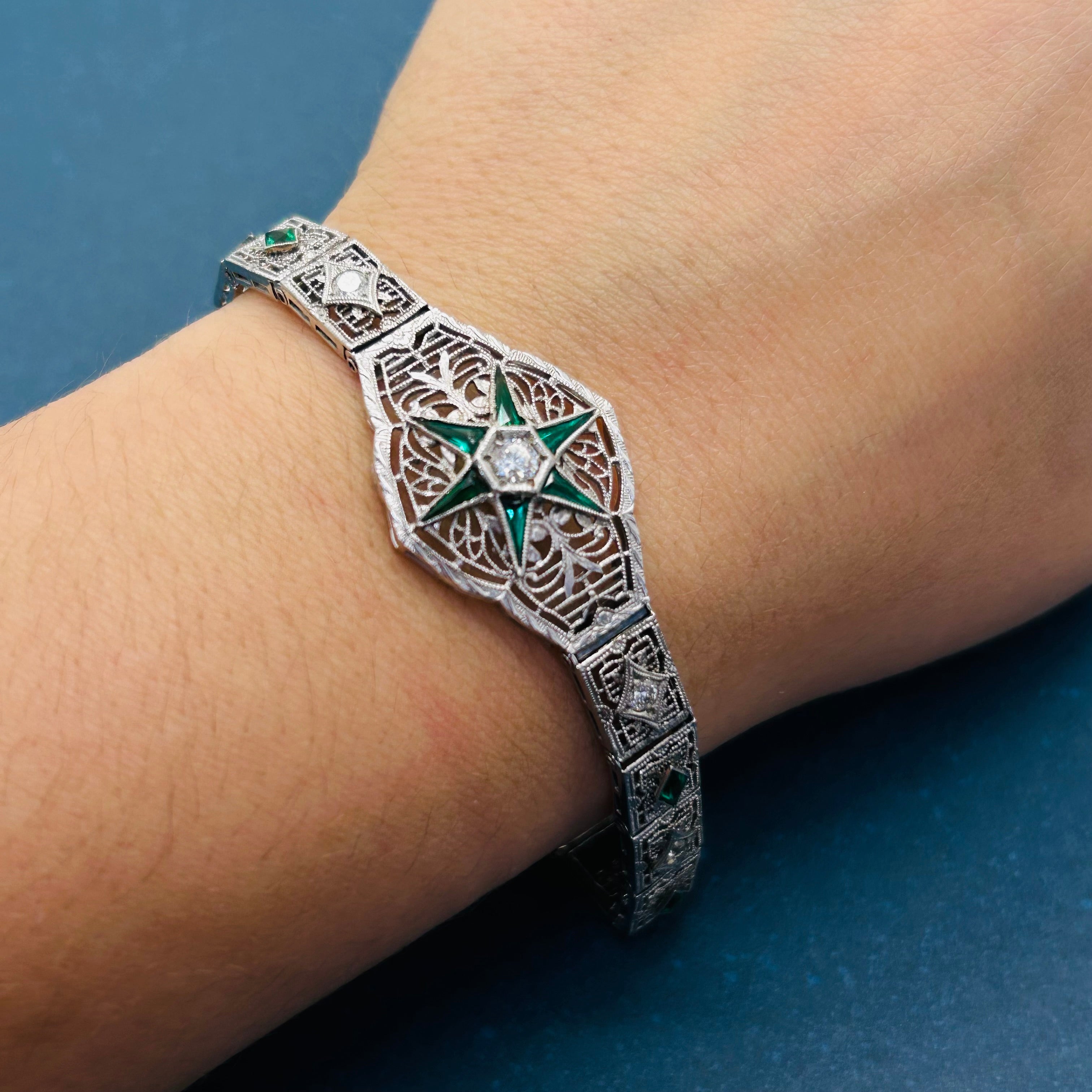 Art Deco 14K White Gold Natural Diamonds and Synthetic Emeralds 7” Bracelet