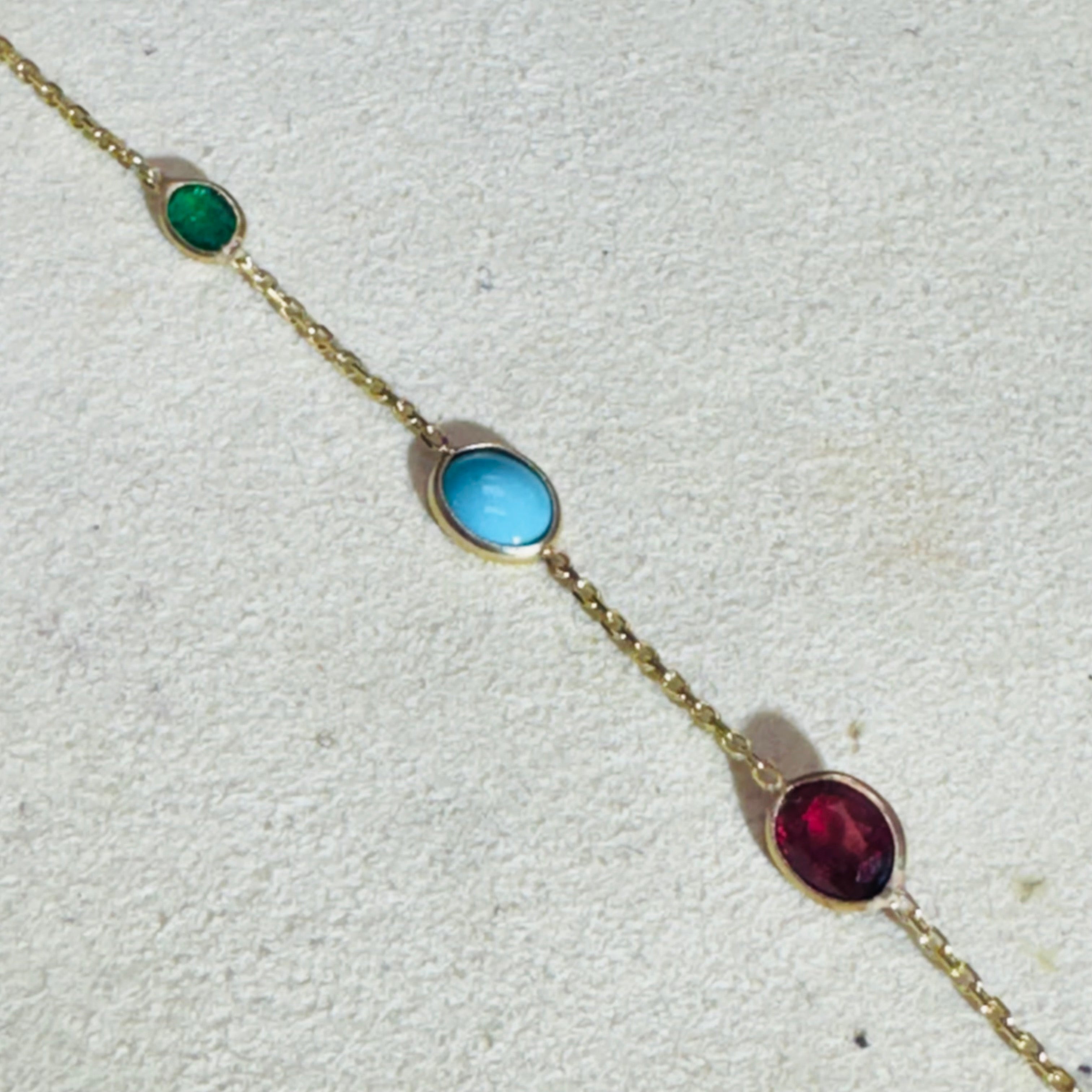 Emerald Turquoise Ruby 14K Yellow Gold Handchain