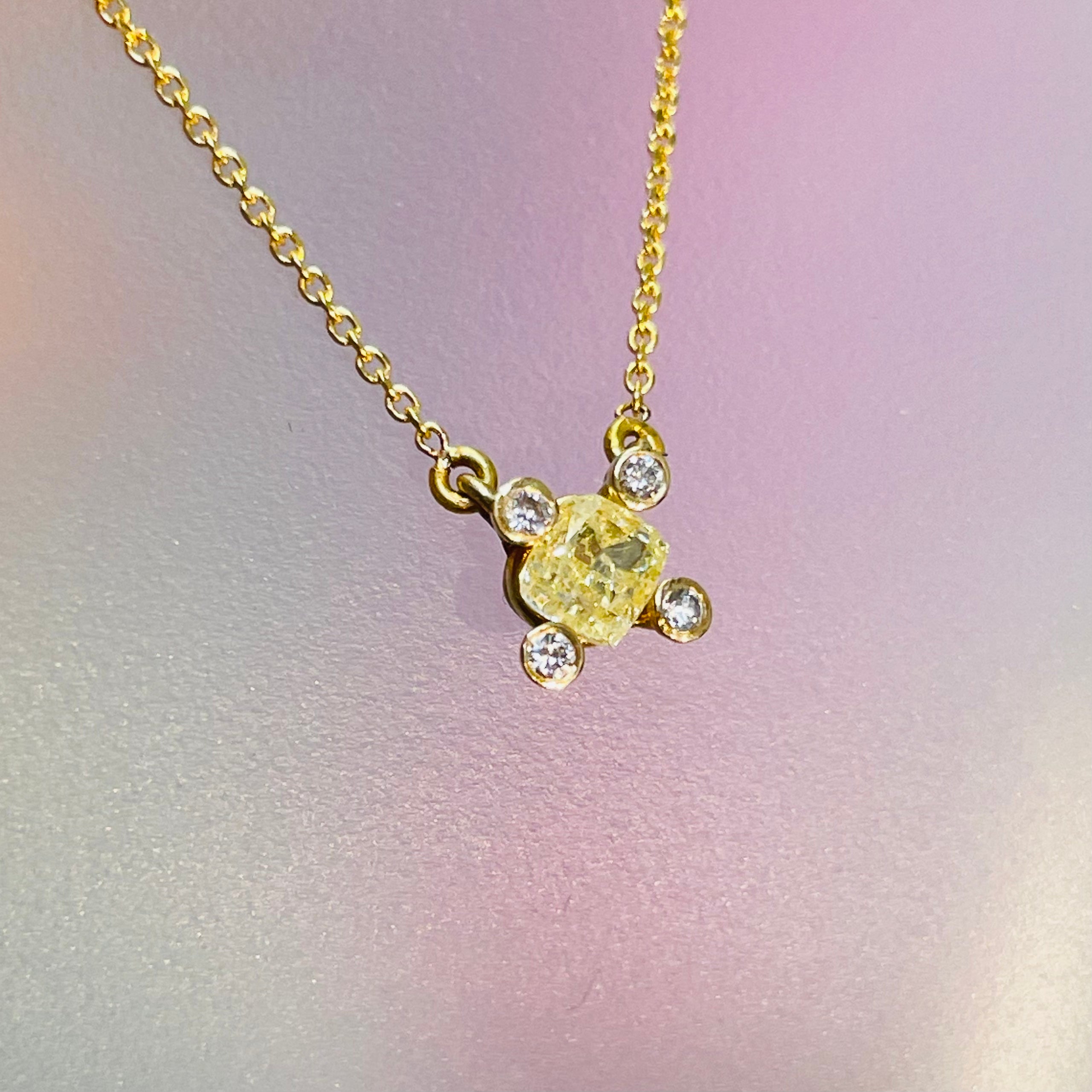 .40CT Canary Diamond Cushion Solitaire 16” 14K Yellow Gold Solitaire Necklace with Diamond Tipped Prongs