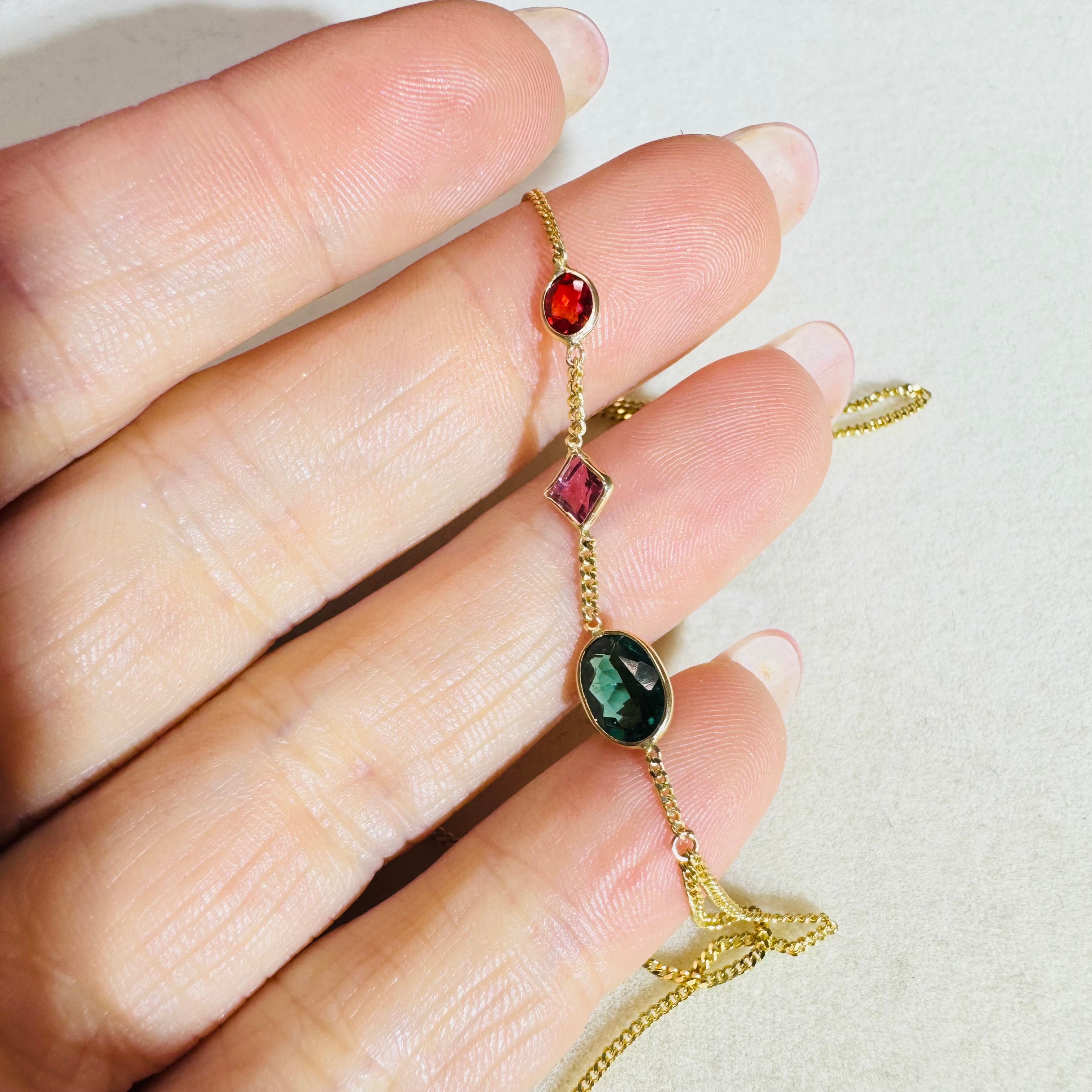 Pink and Green Tourmaline Orange Sapphire 14K Yellow Gold Handchain