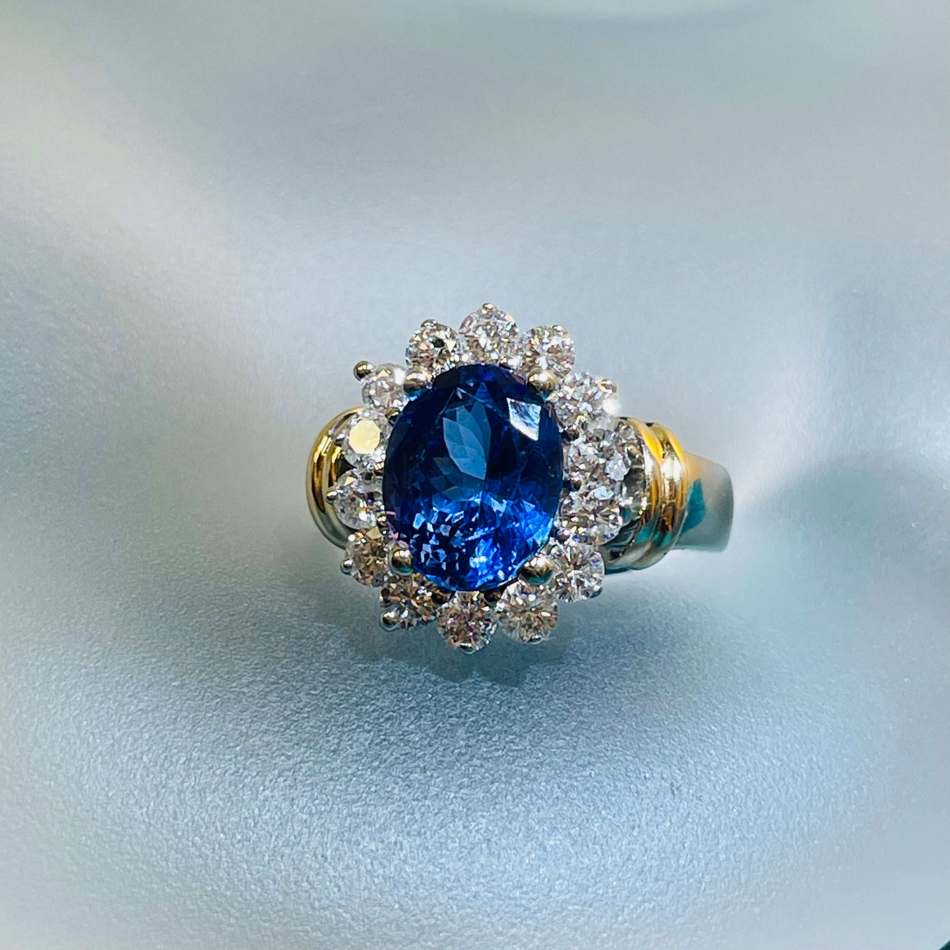 Magnificent Tanzanite and Diamond Halo Cocktail Ring 18K White Gold