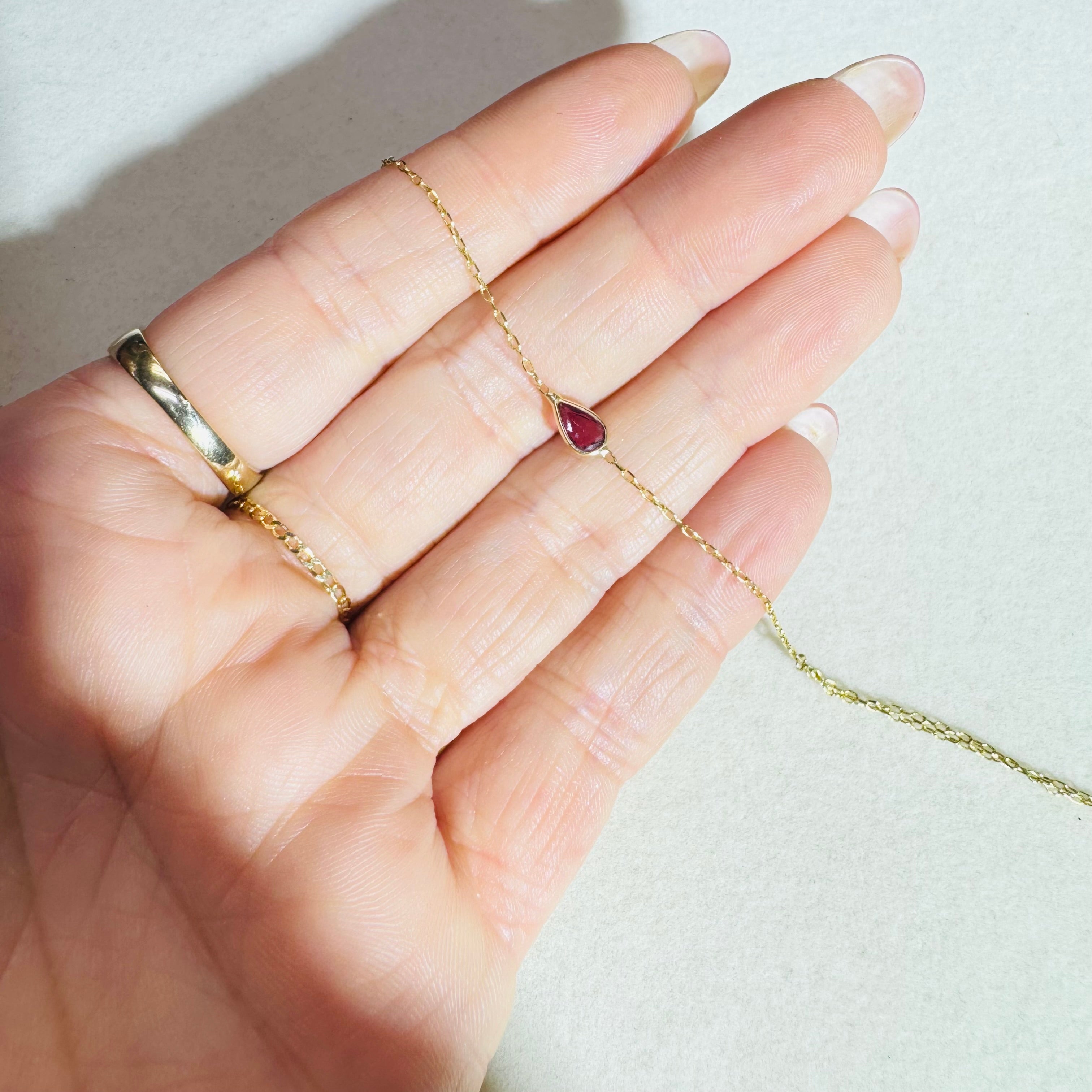 Pear Cut Ruby Hand Chain Bracelet in solid 14K Yellow Gold