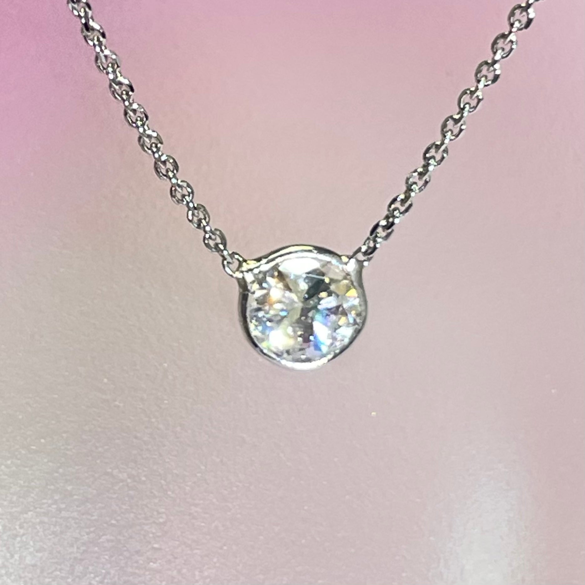 .47CT Natural Round European Cut Diamond 14K White Gold Solitaire Necklace 16-18"