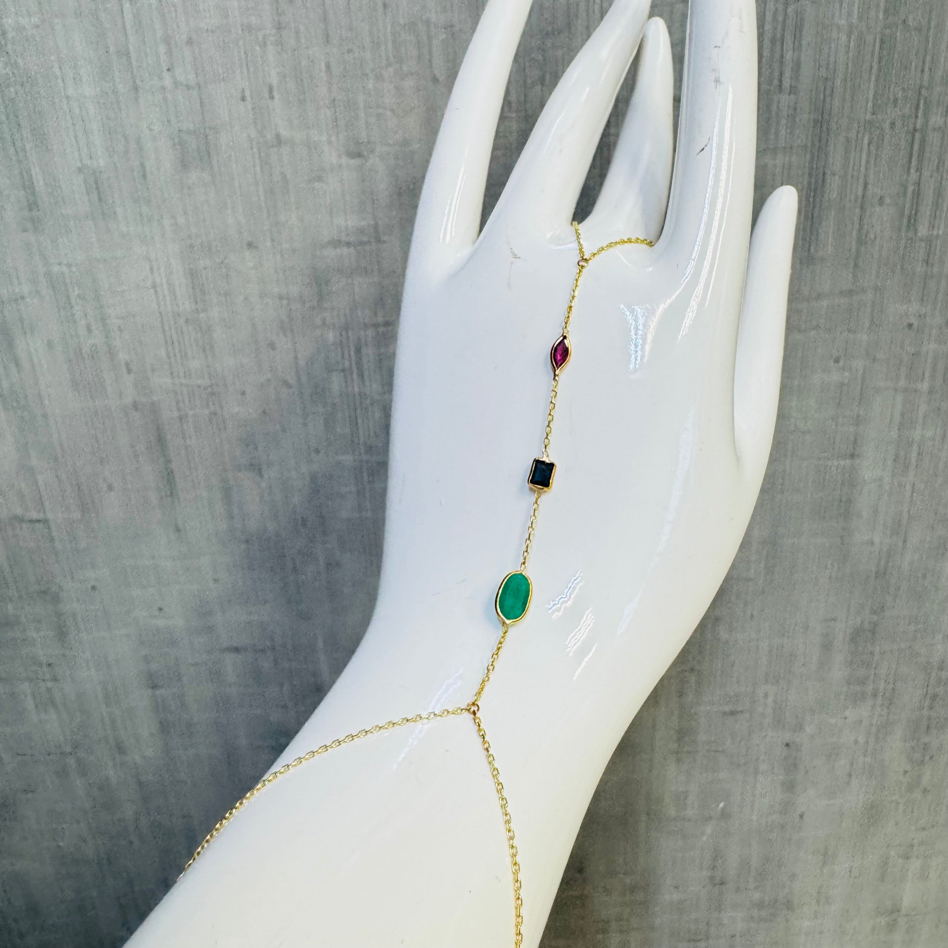 14K Yellow Gold Emerald Ruby Sapphire Handchain
