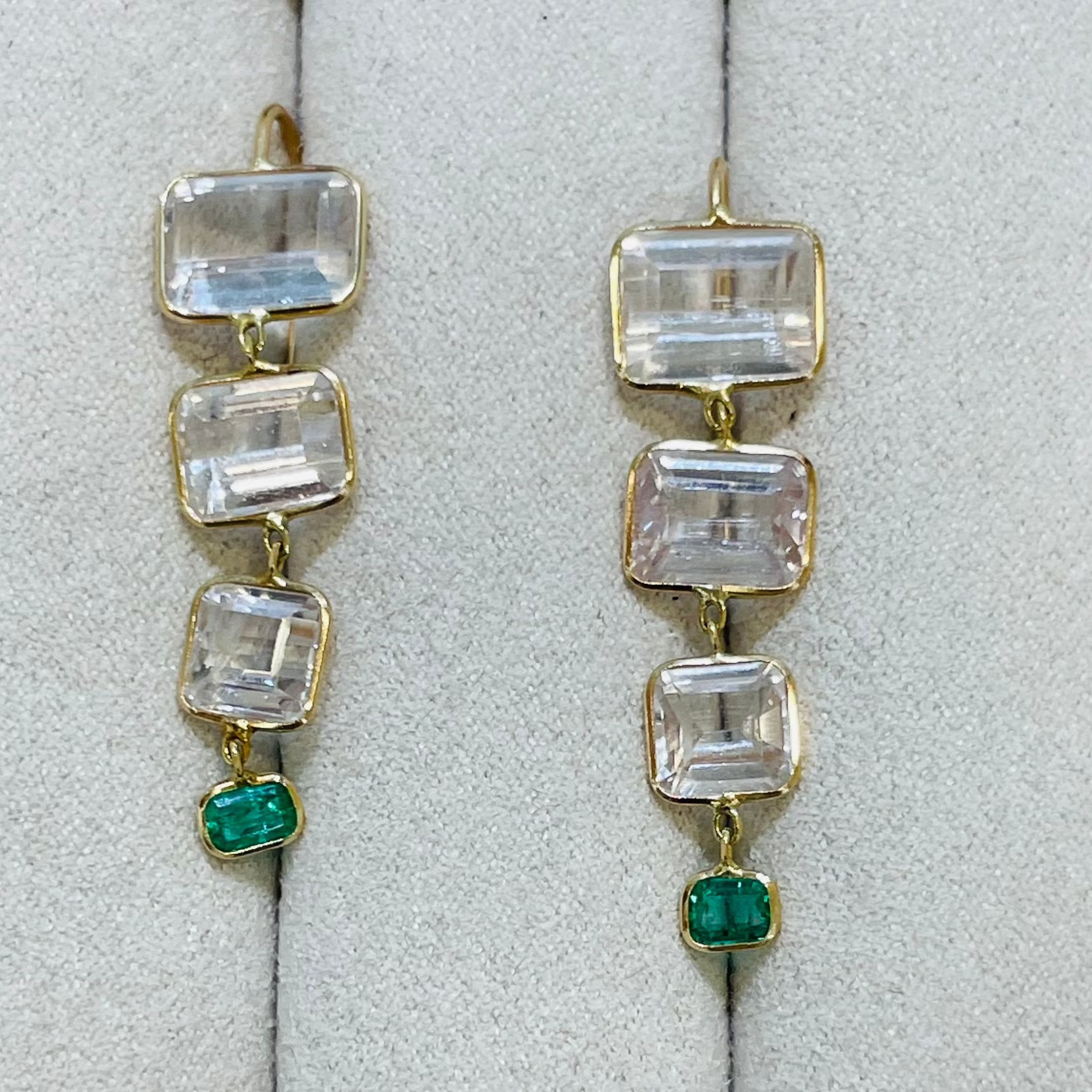 Kunzite and Colombian Emerald 14K Yellow Gold Drop Earrings
