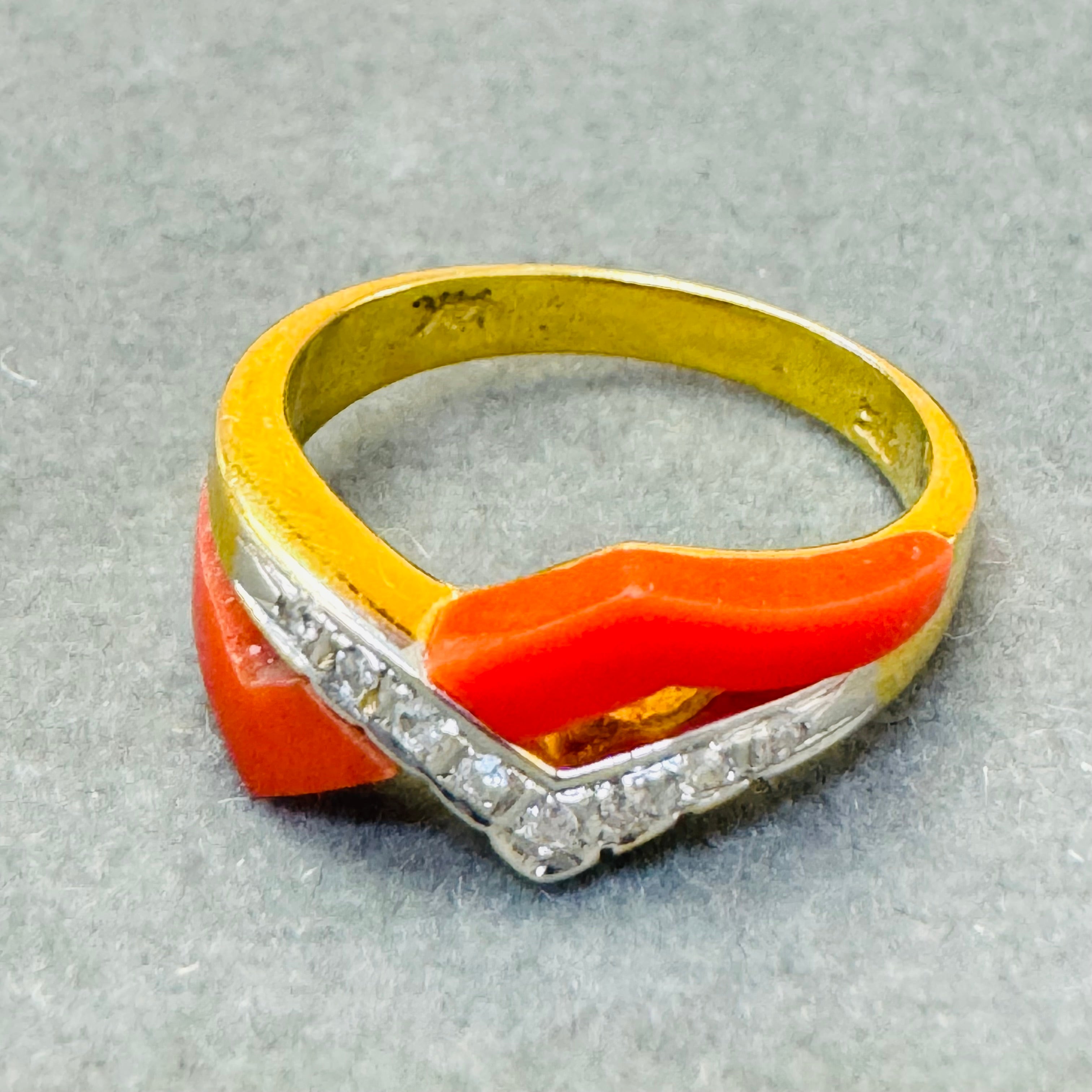 14K Yellow Gold Natural Mediterranean Coral and Diamond Avant Garde Ring Size 6