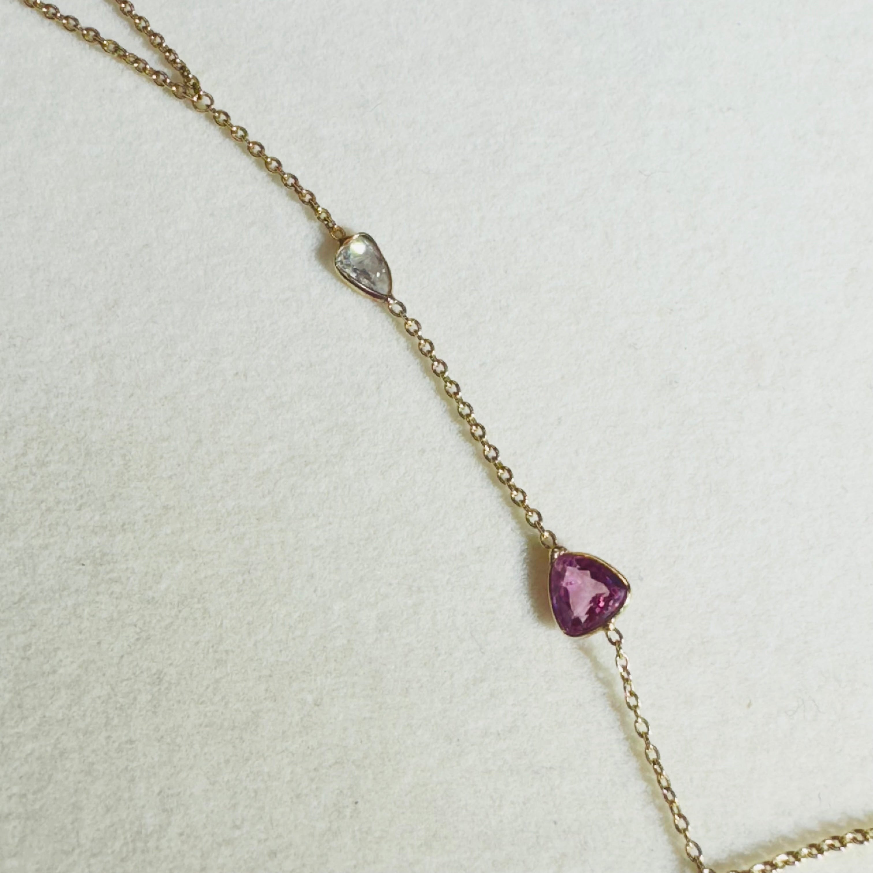 Pink Sapphire and Diamond Rose Cut Hand Chain Bracelet in solid 14k Yellow Gold