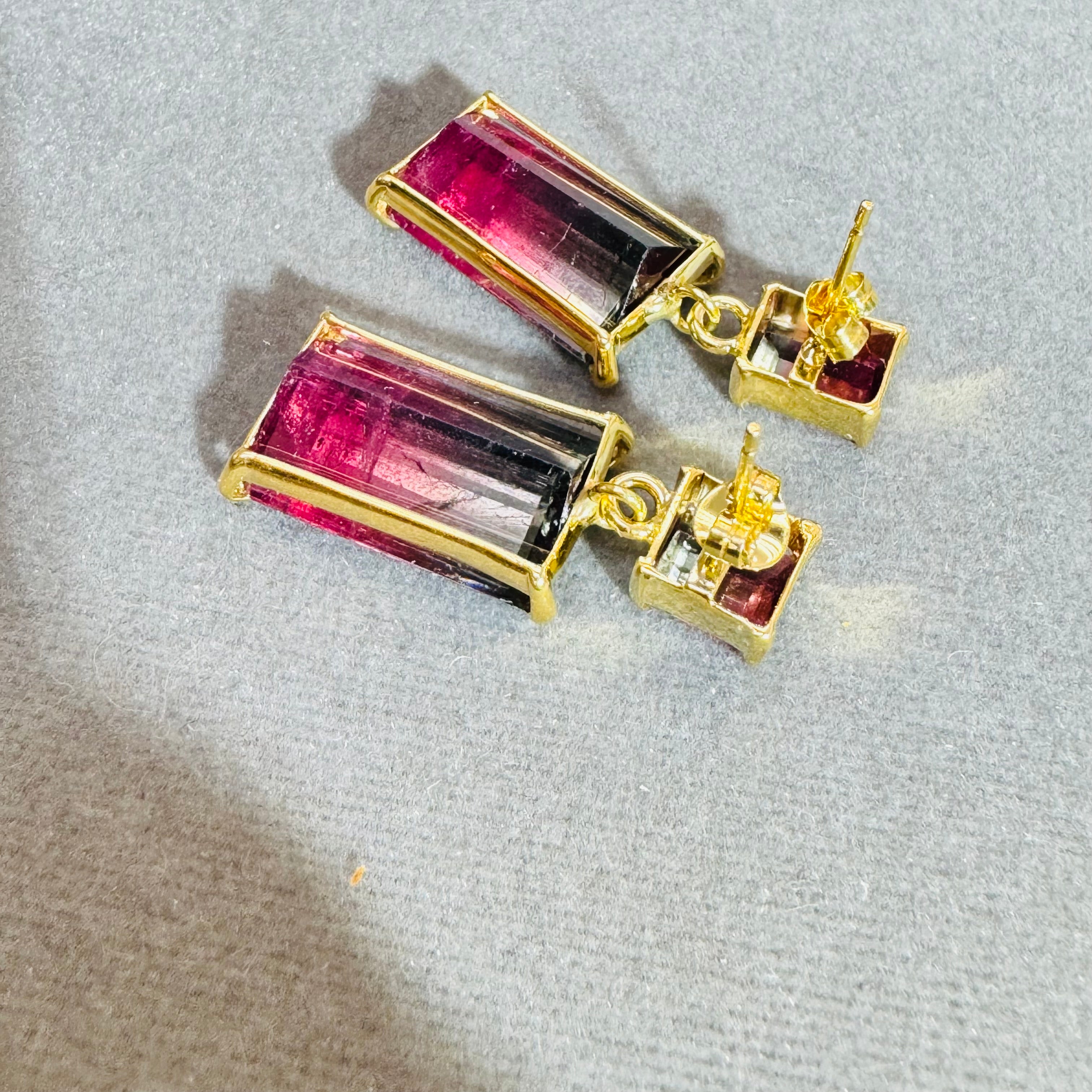 Bi-Color Pink Tourmaline 14K Yellow Gold Drop Earrings