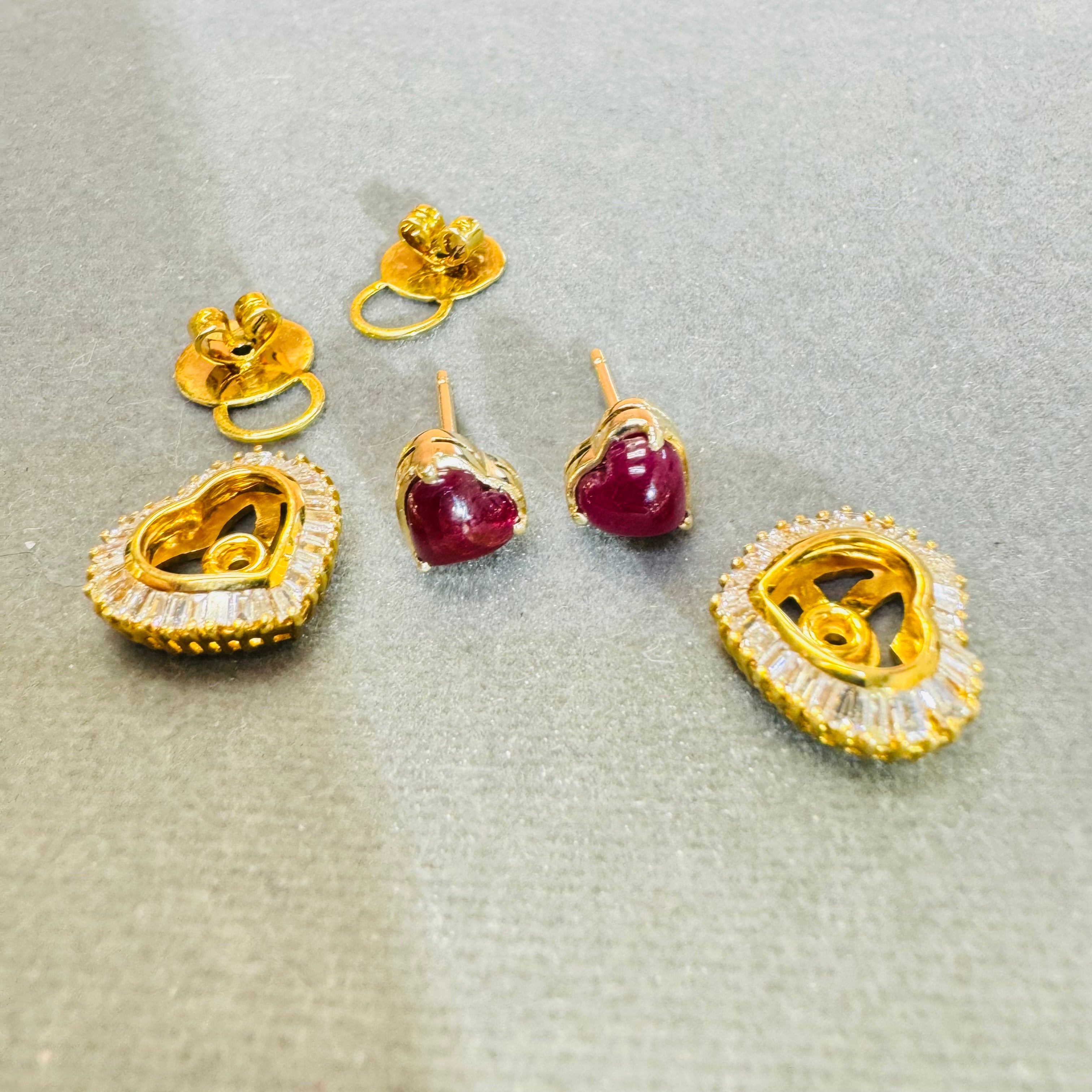 Natural Baguette Diamond and Ruby Cabochon 18K Yellow Gold Stud Earrings Convertible with Jackets