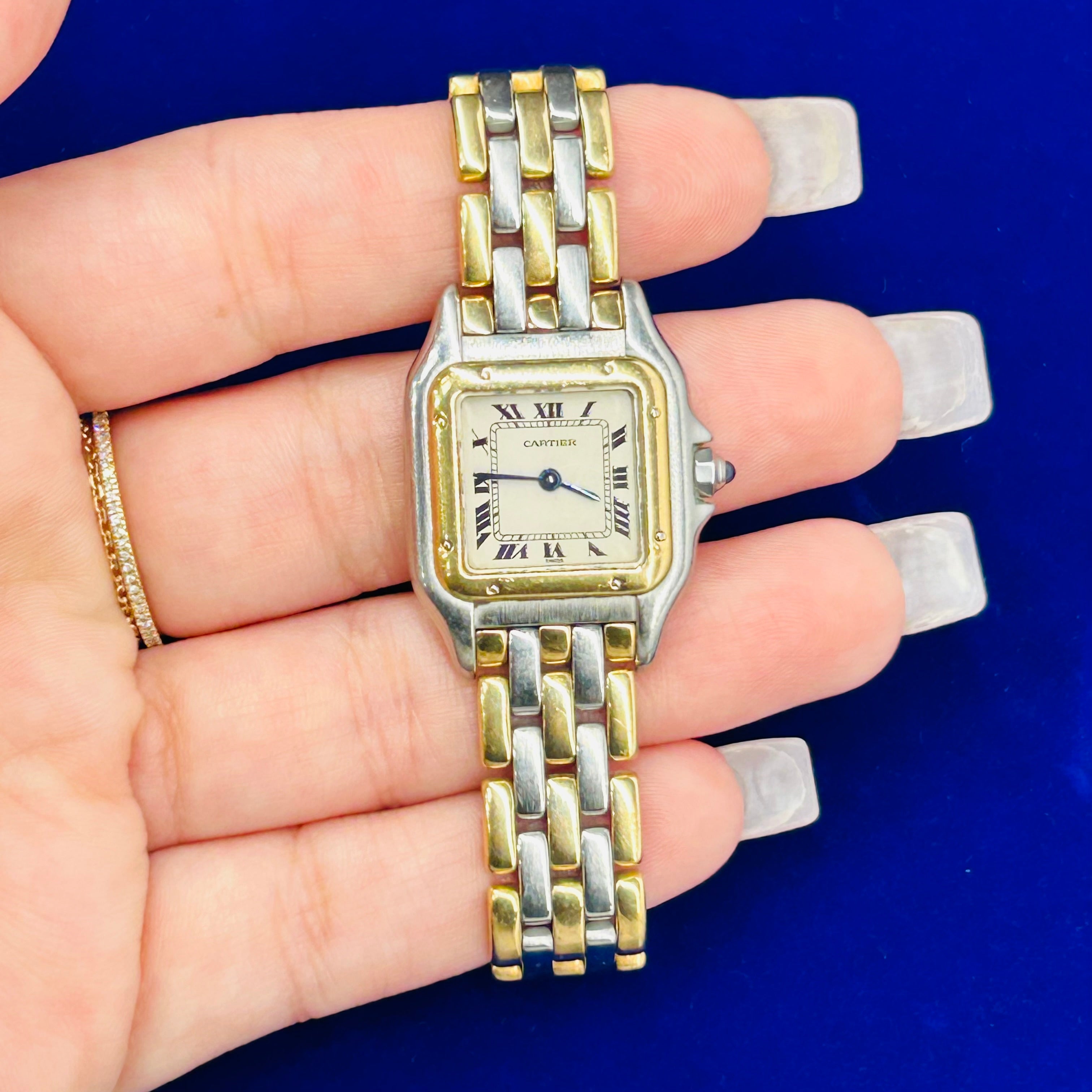 Vintage 18K Yellow Gold & Stainless Steel Panthere Quartz Wrist Watch Three Row