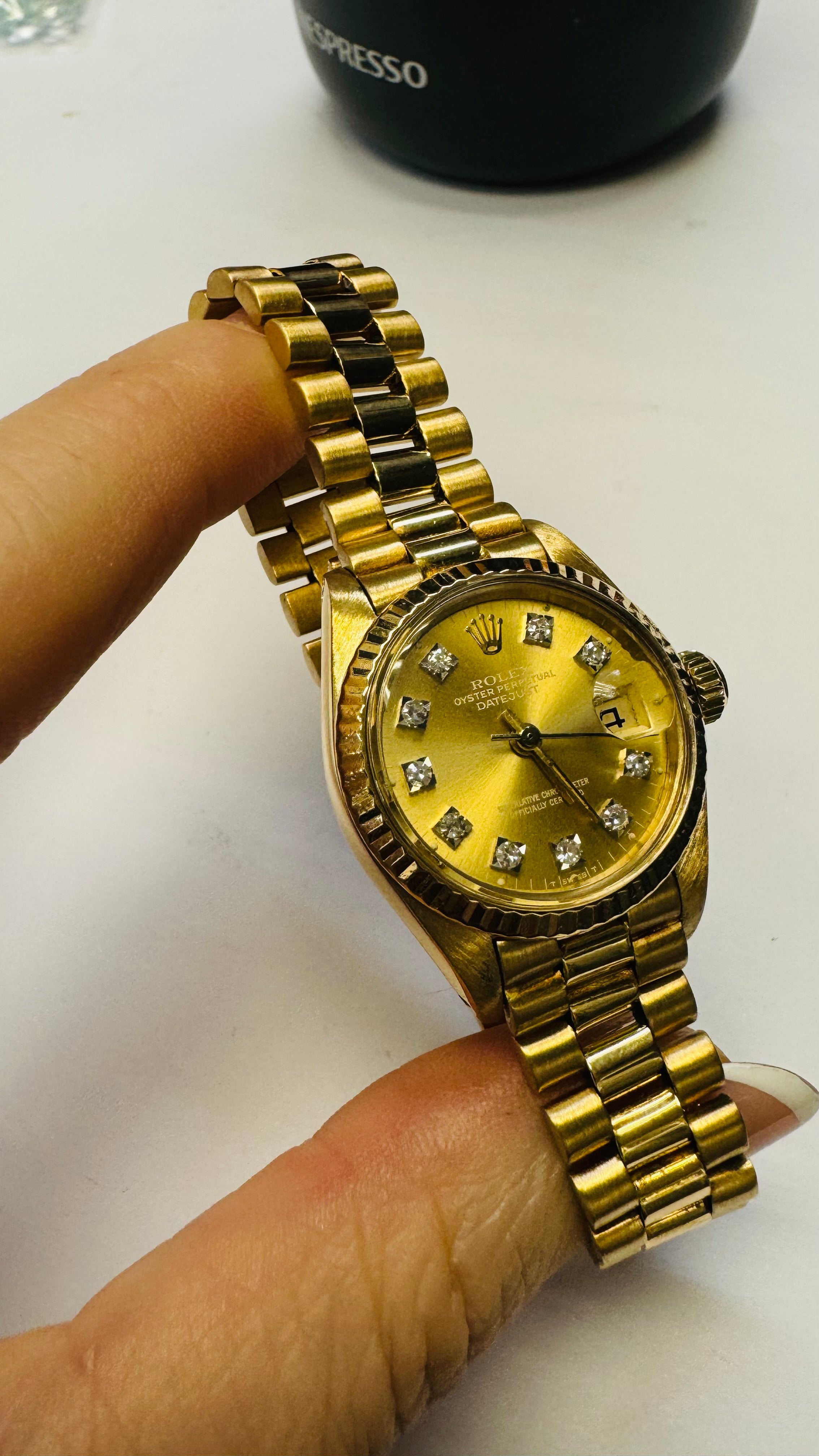 26mm 18K Yellow Gold Vintage Ladies Presidential Rolex Wristwatch Diamond Dial Watch