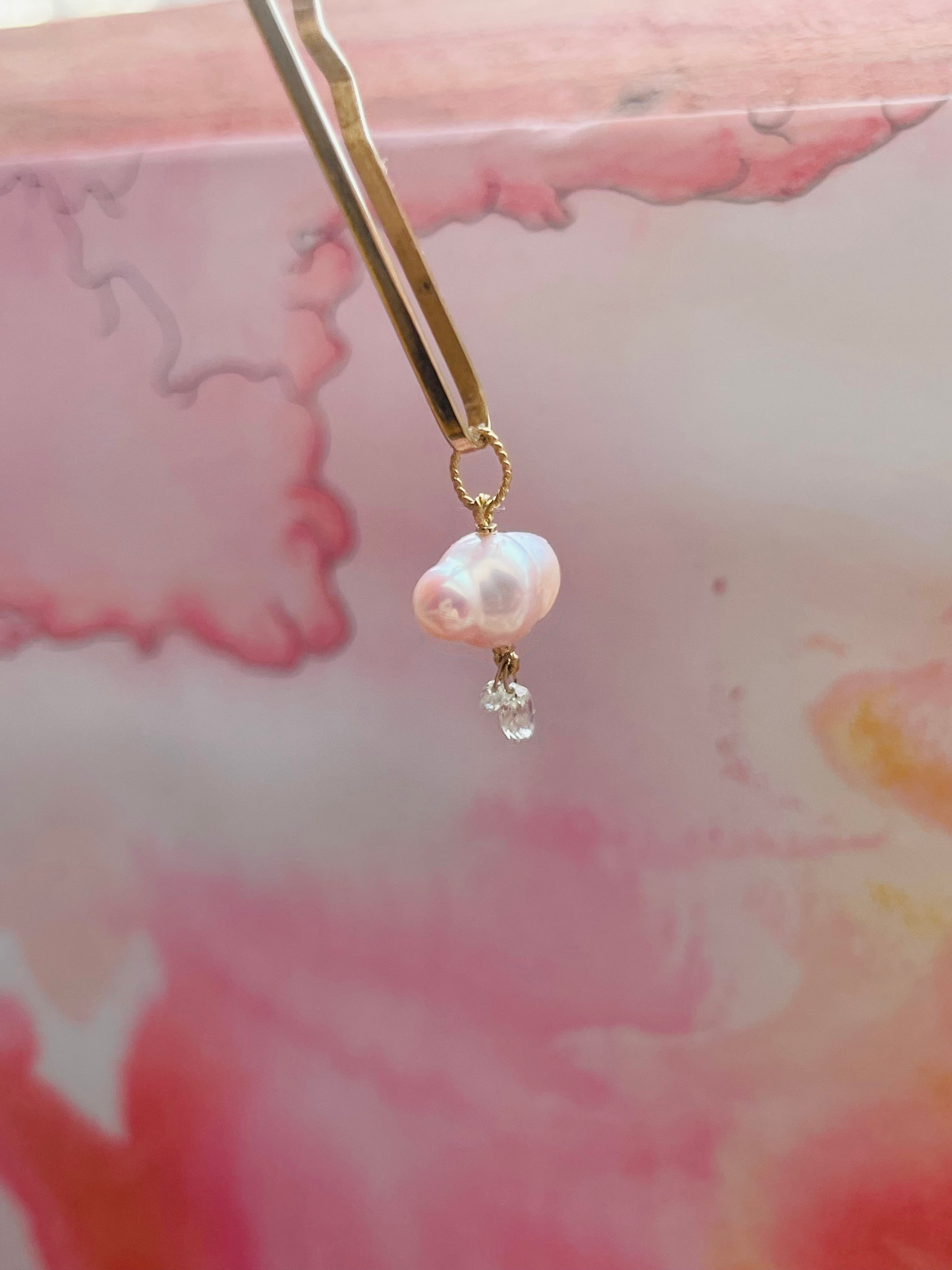 Pink Japanese Pearl and Briolette Diamond Cloud Charm