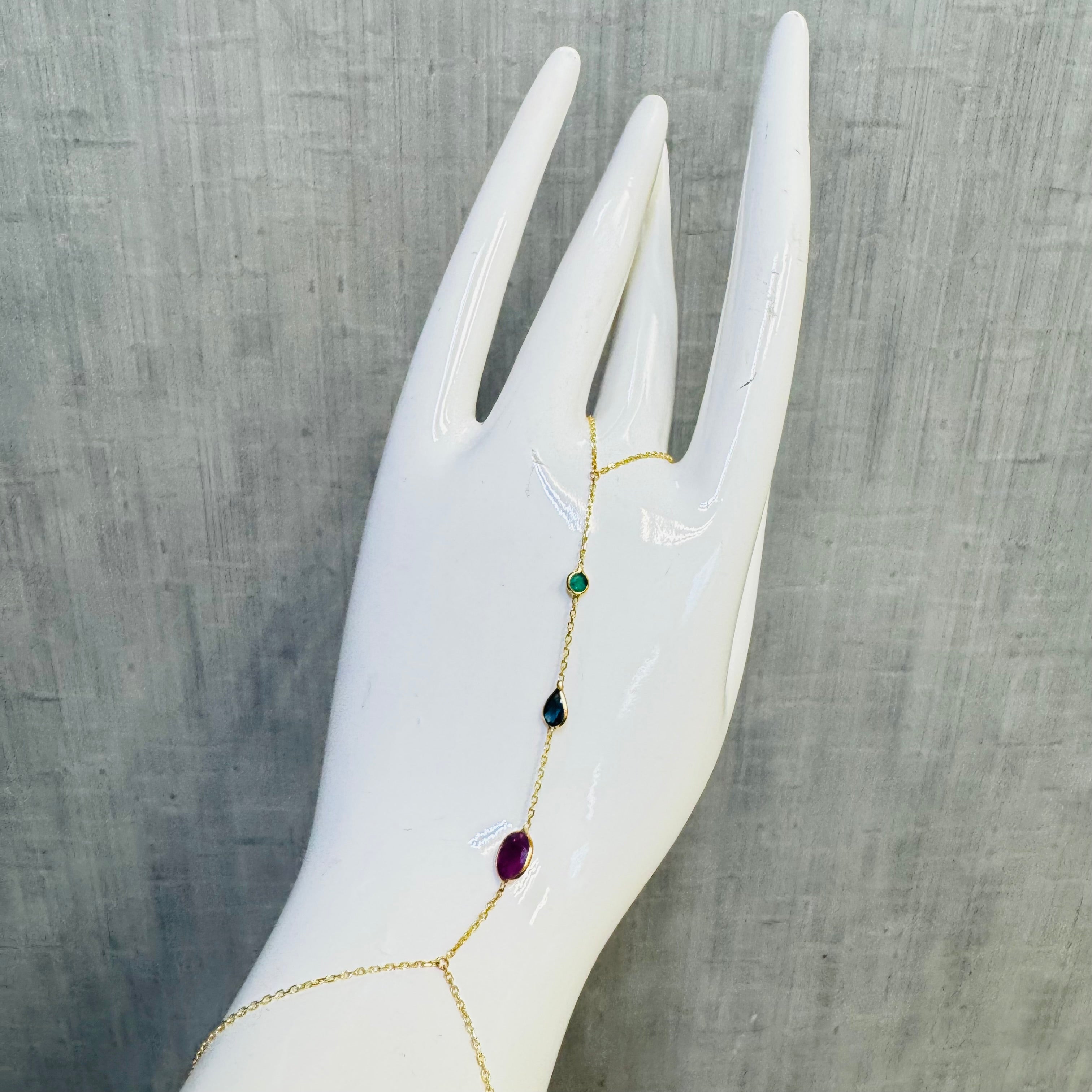 14K Yellow Gold Emerald Ruby Sapphire Handchain