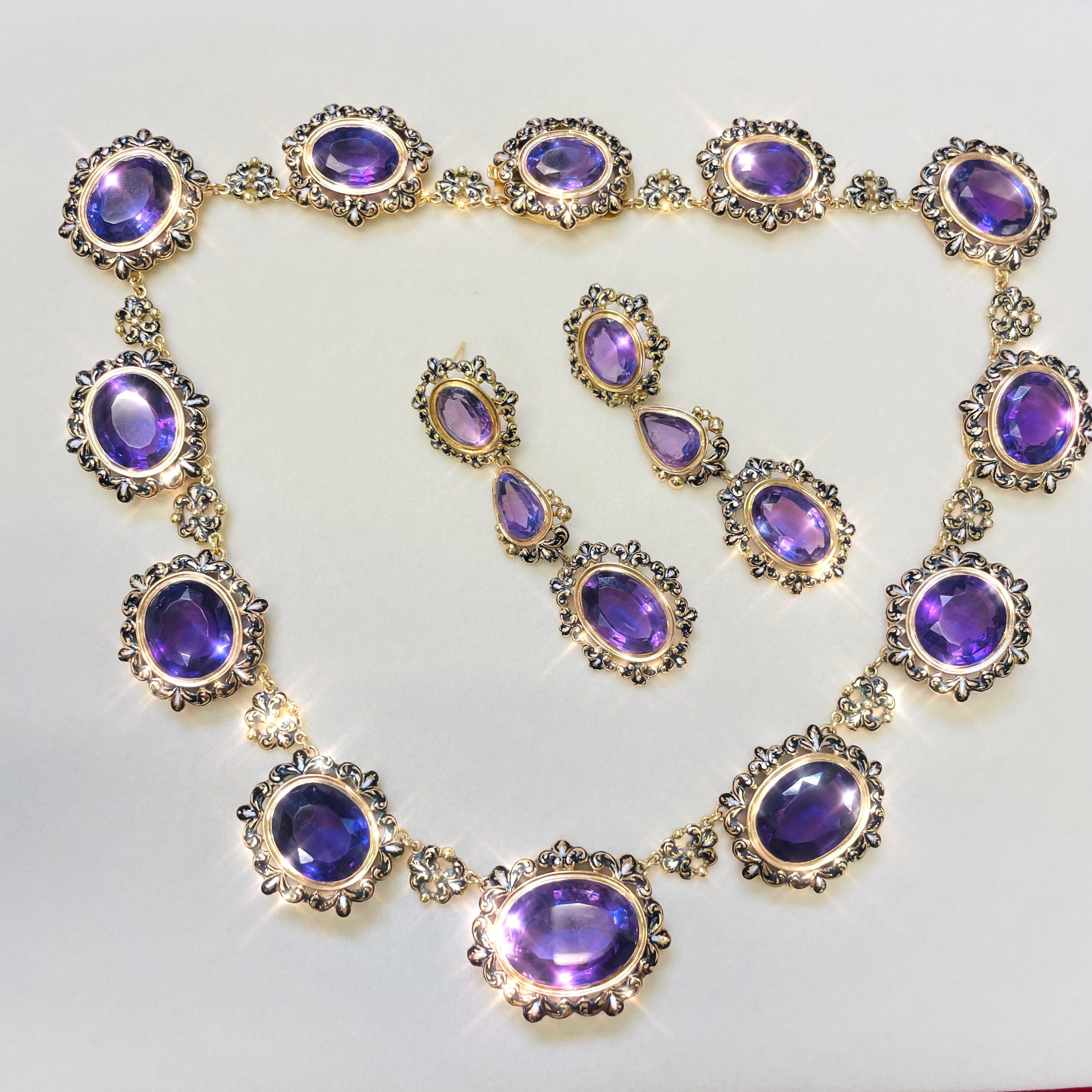 Magnifient! Victorian Necklace Earring Festoon Set 14K Gold Enamel and Amethyst