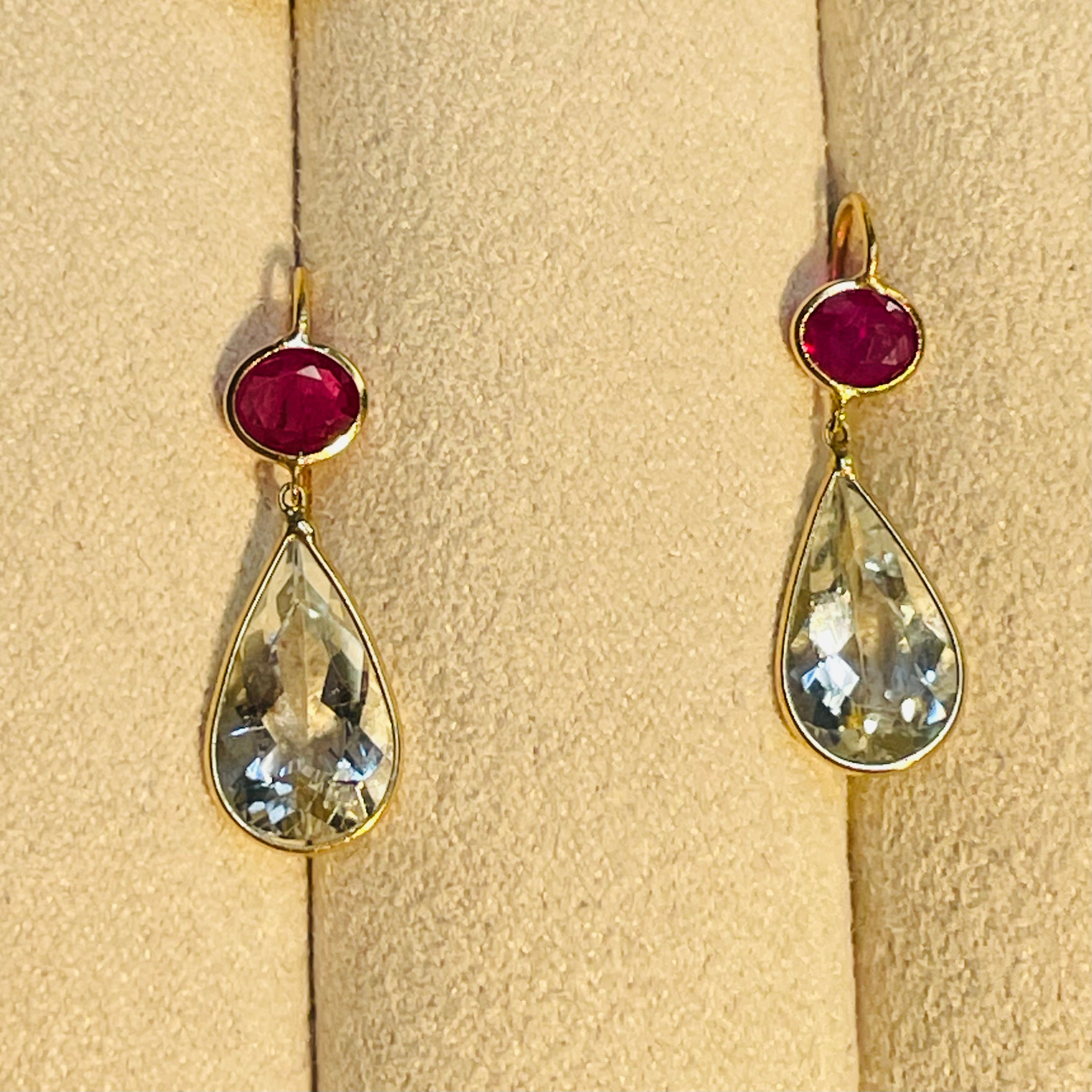 Ruby and Aquamarine 14K Yellow Gold Drop Earrings