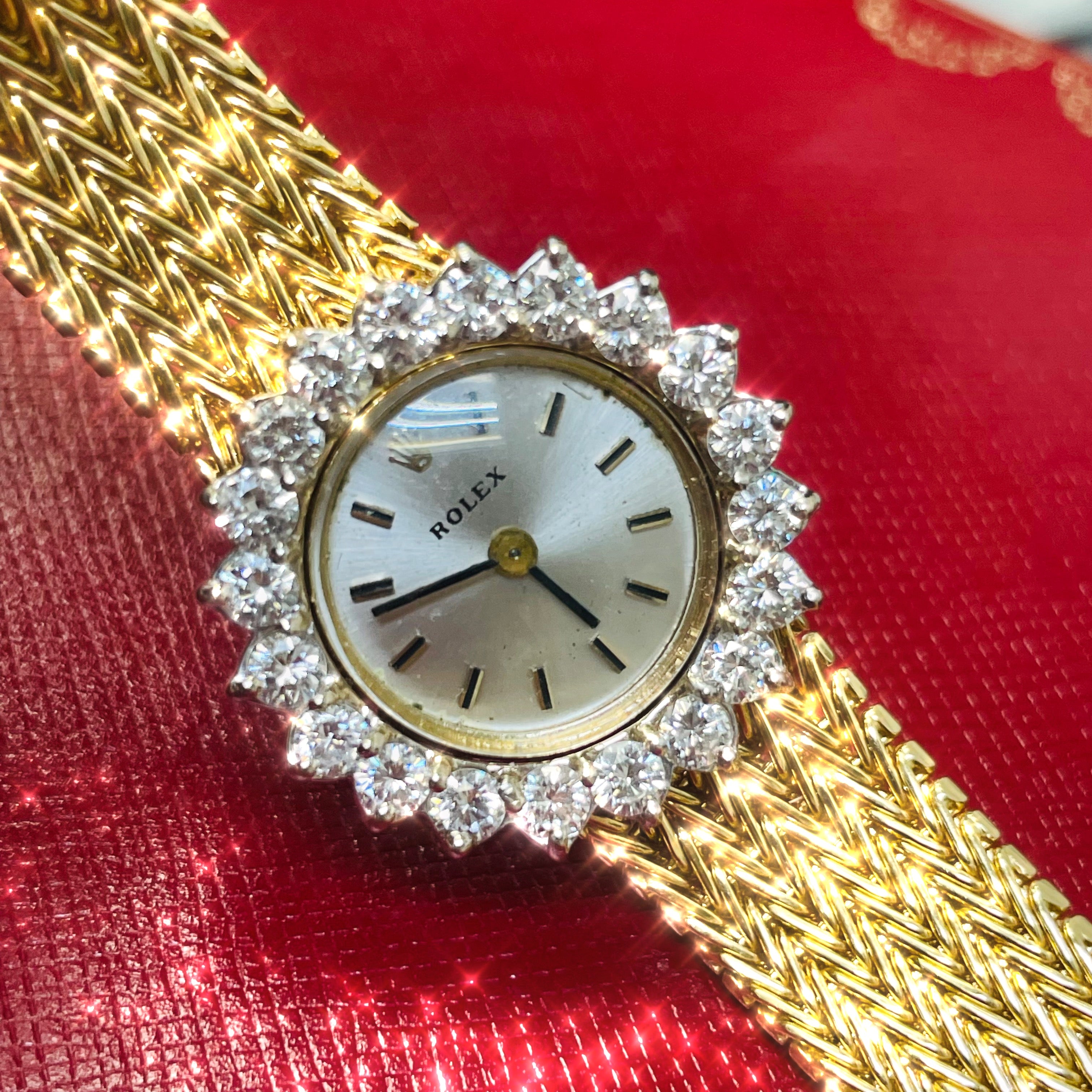 25mm Vintage Ladies Rolex Wristwatch with Factory Diamond Halo Bezel in Solid 14K Yellow Gold