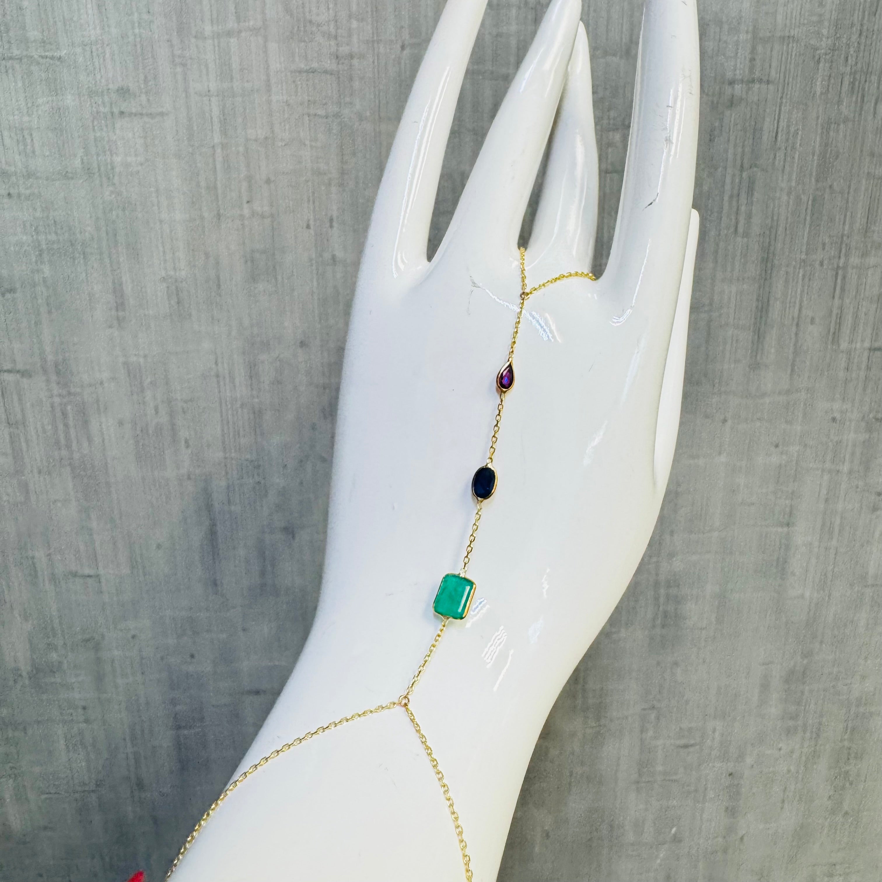 14K Yellow Gold Emerald Ruby Sapphire Handchain