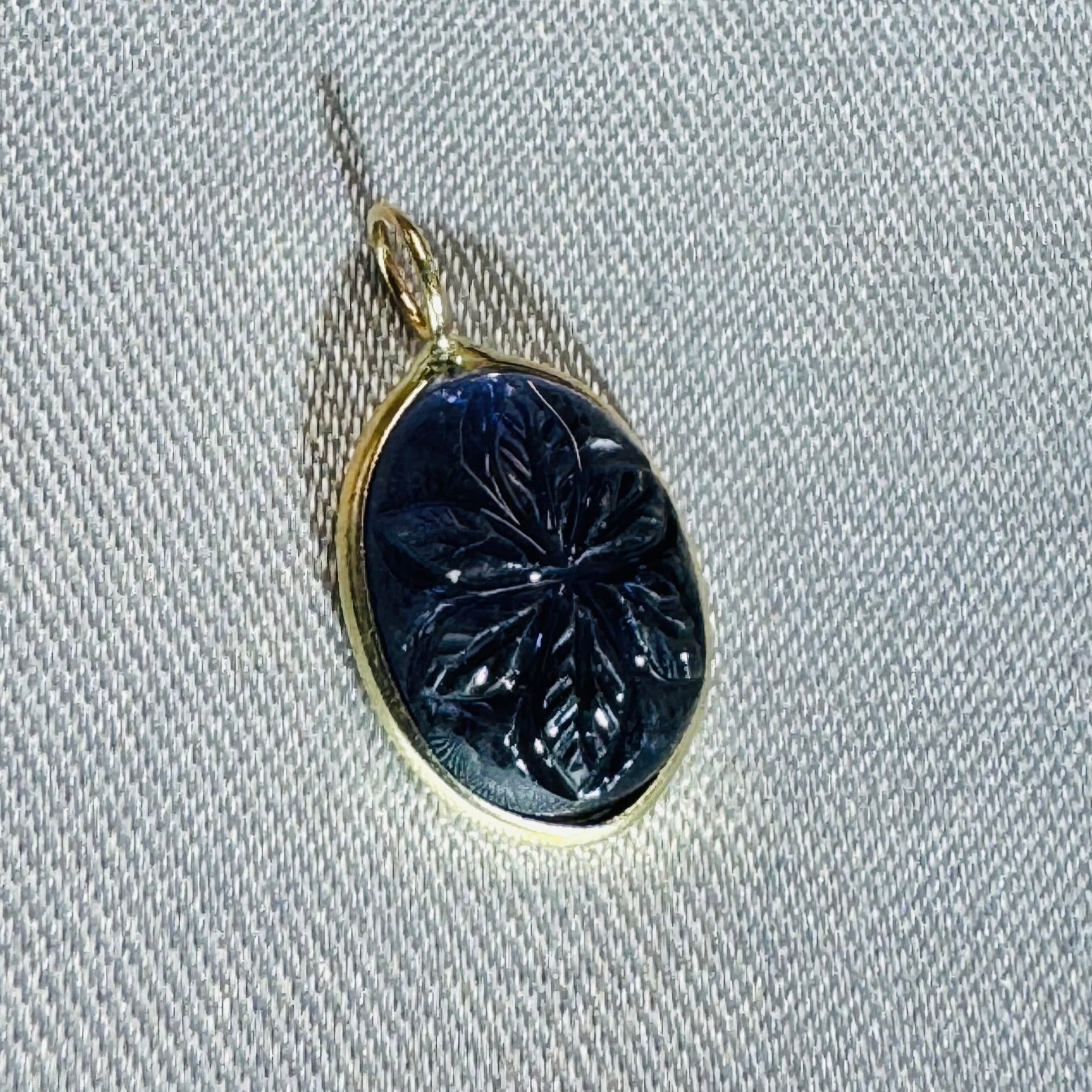 Carved Blue Iolite Pendant 14K Yellow Gold