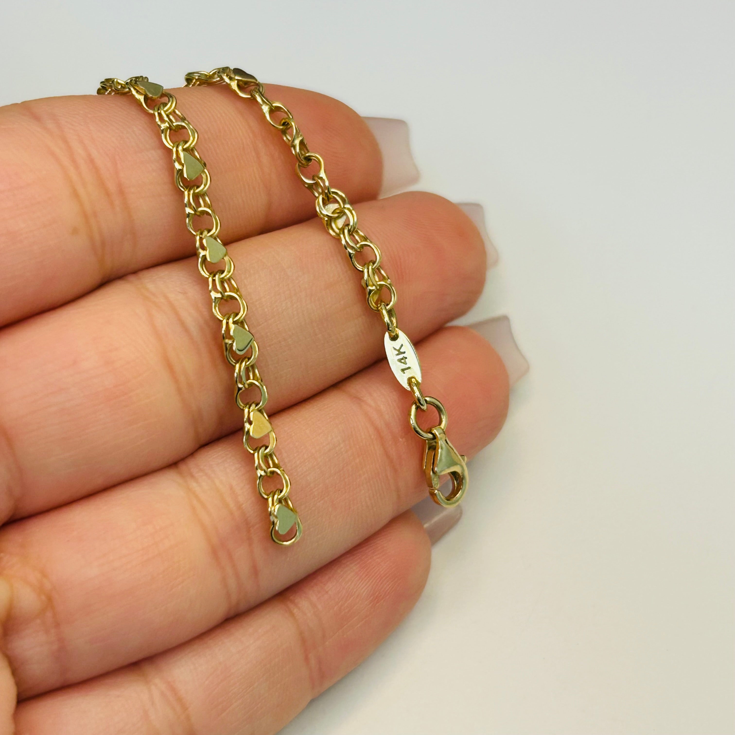 14K Yellow Gold Heart Interlink Link Bracelet 3.4mm 7.25”