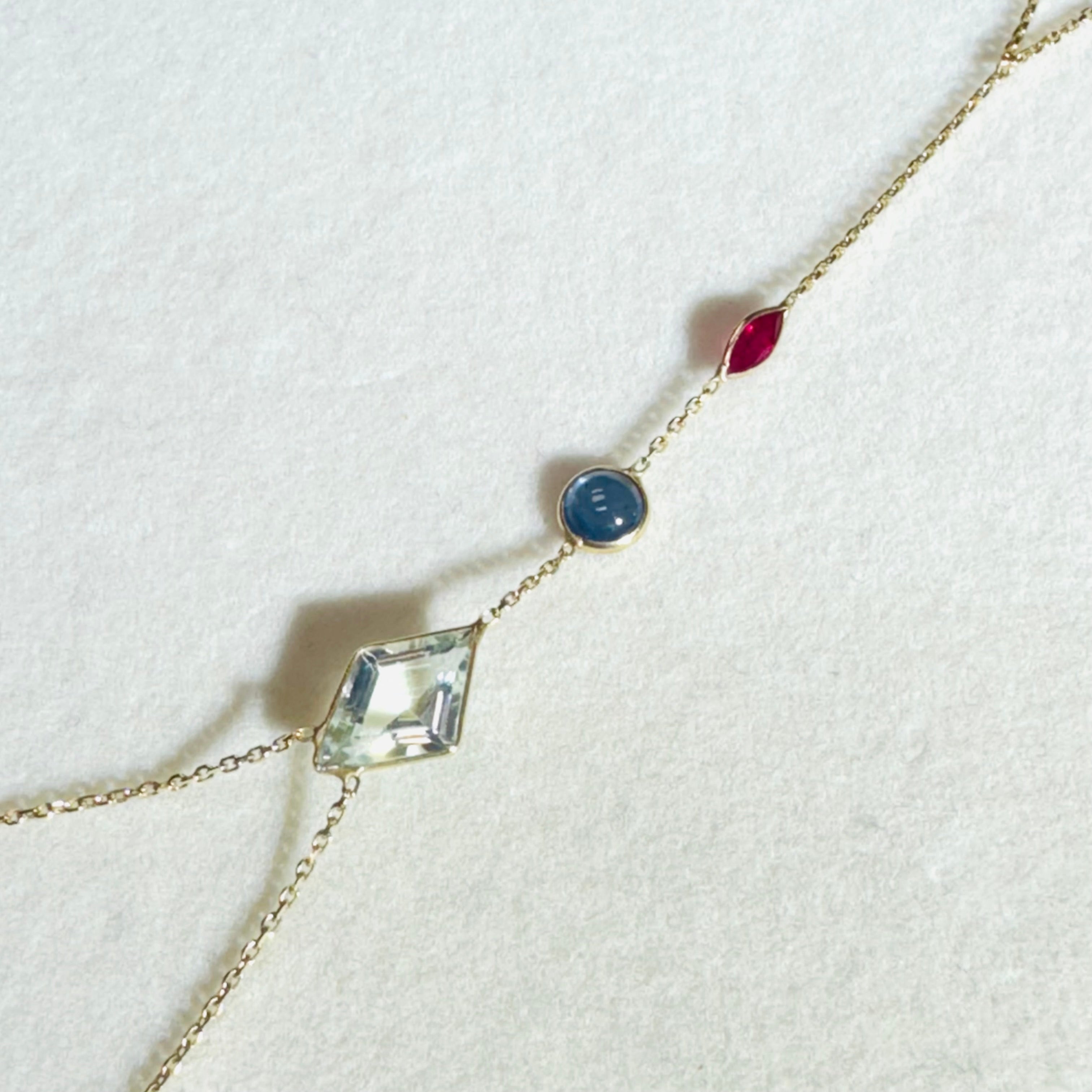 Aquamarine Sapphire and Ruby Handchain in solid 14k Yellow Gold