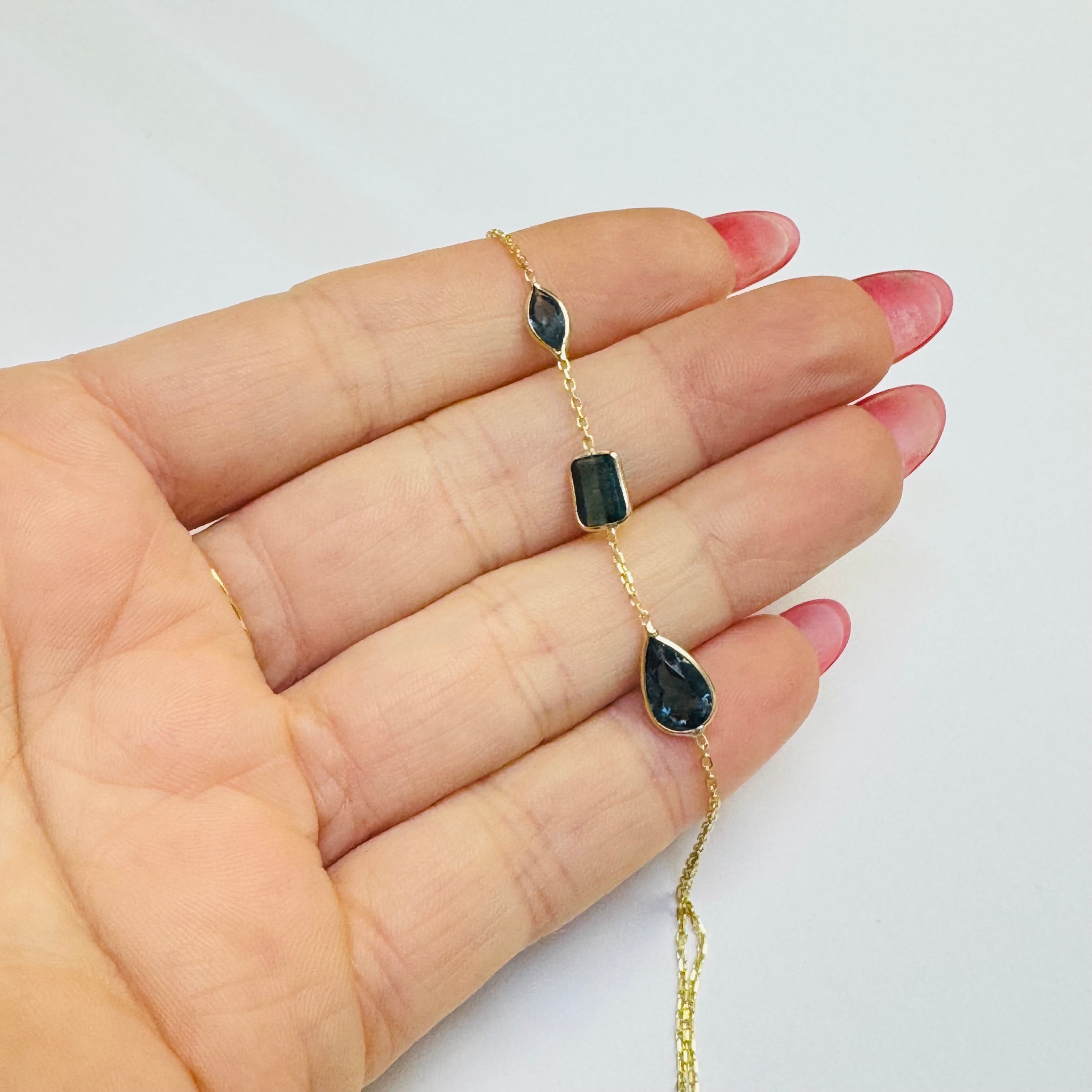 14K Yellow Gold Multi Teal Blue Tourmaline Handchain