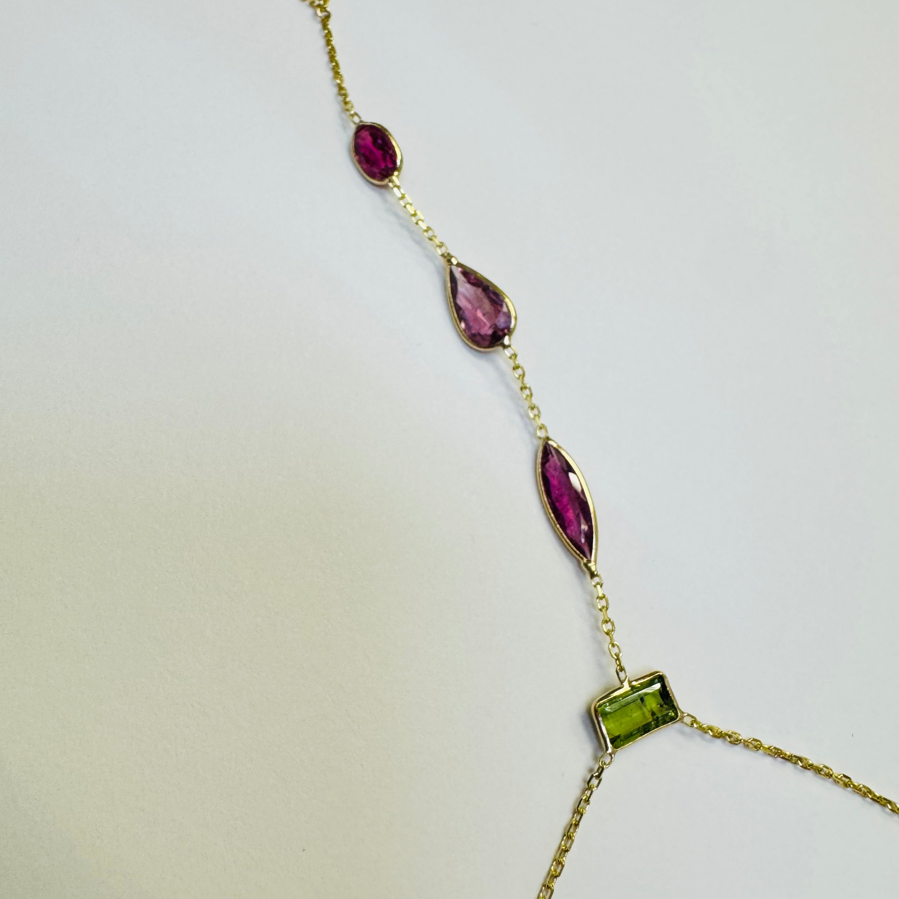 14K Yellow Gold Multi Green and Pink Tourmaline Handchain