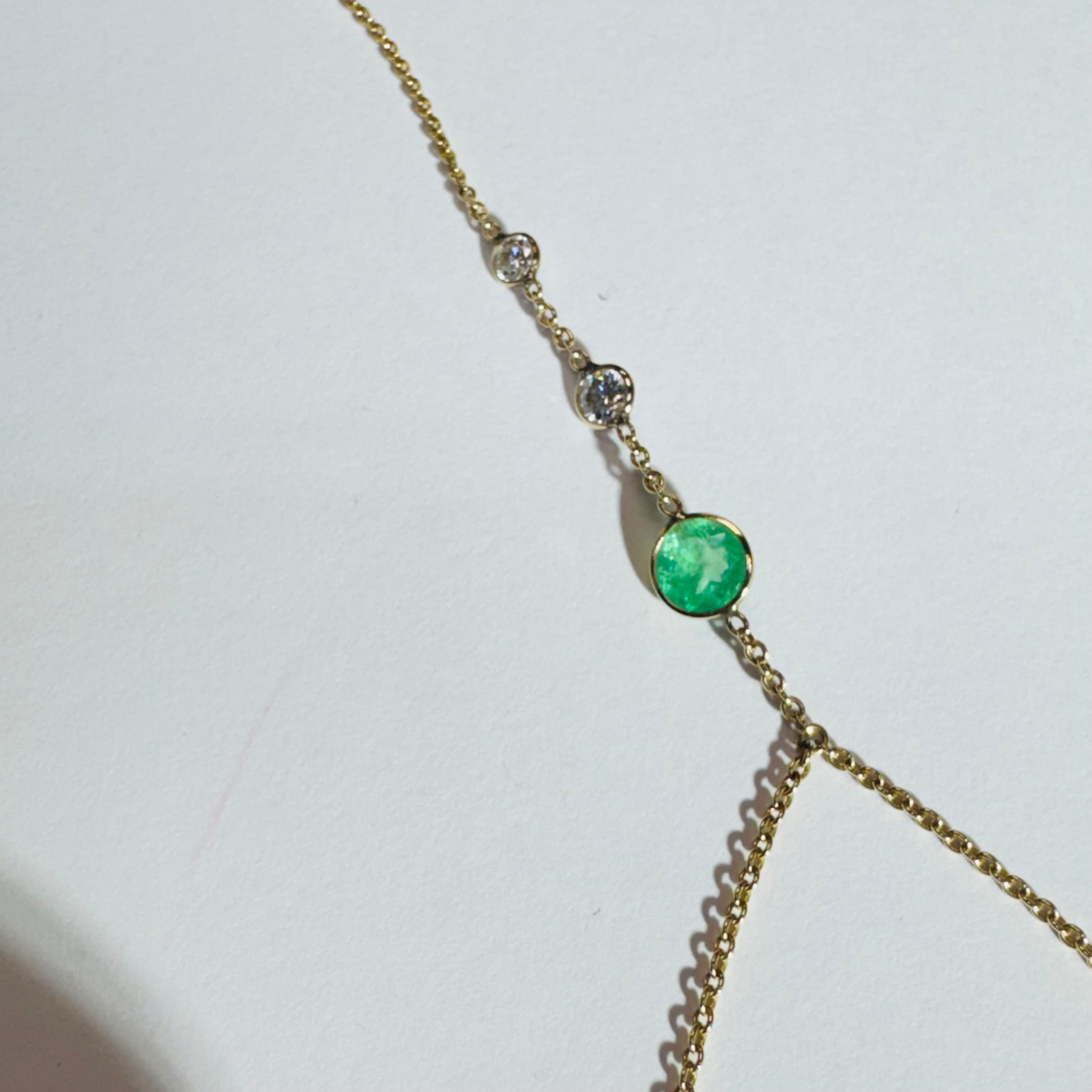 14K Yellow Gold Emerald and Diamond Handchain