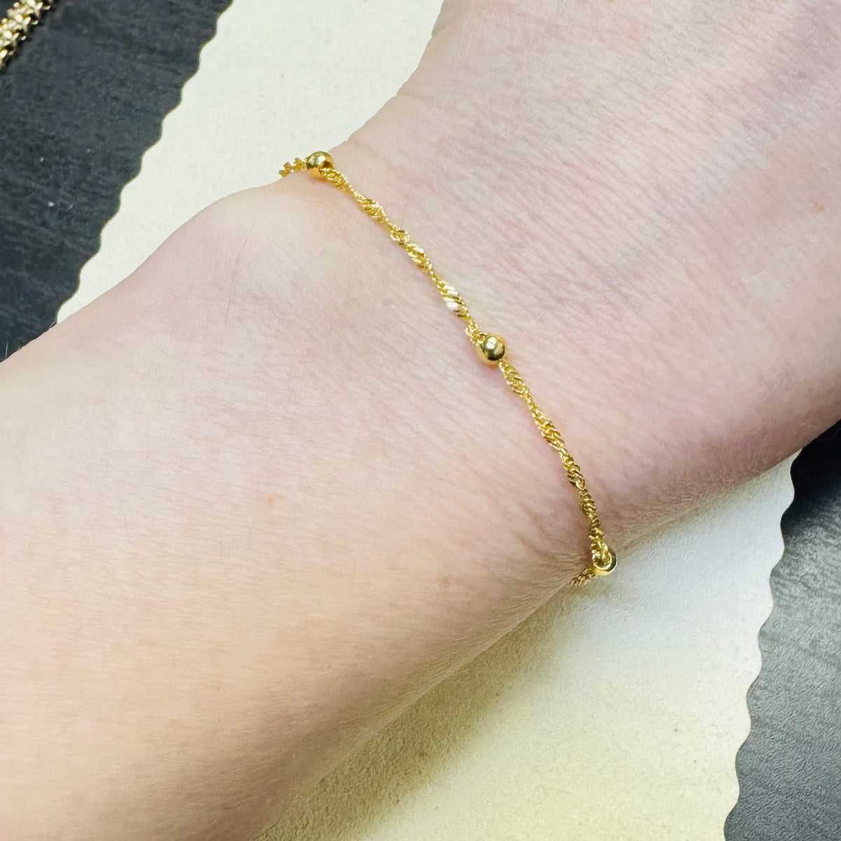14K Yellow Gold Rope Chain  Beaded Bracelet 7.5"