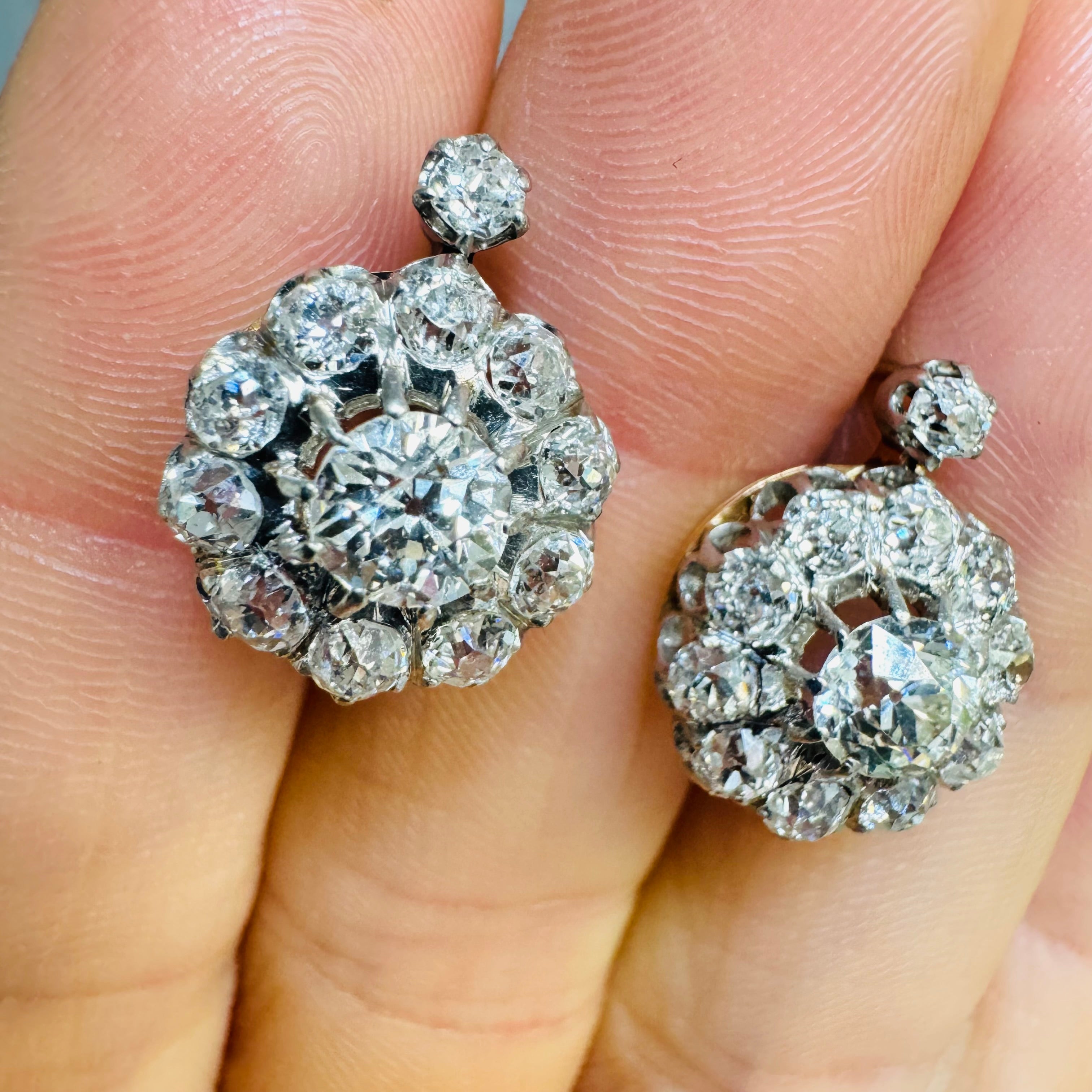 4CTW Old Mine Diamond Cluster Earring Studs with French Backs