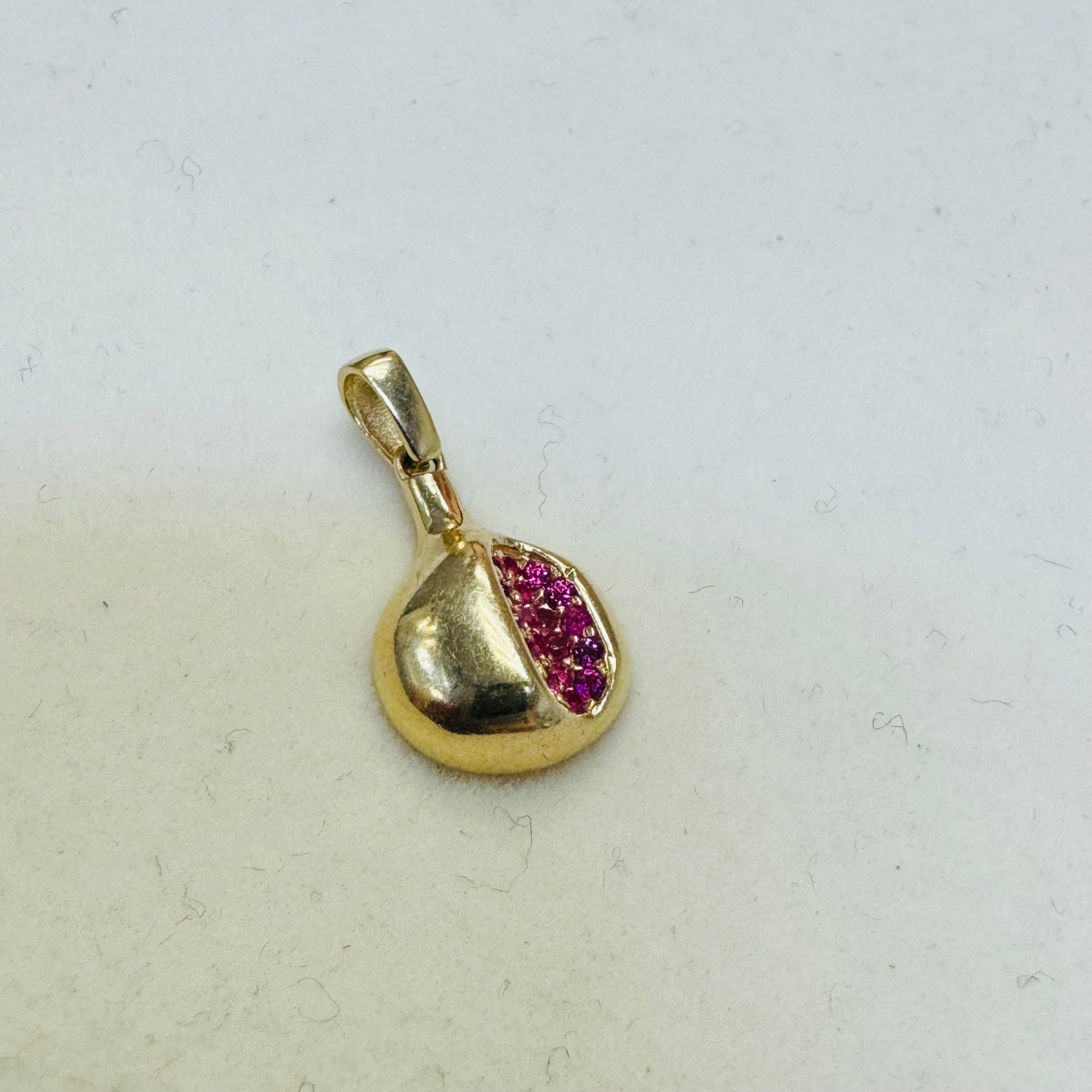 Solid 14K Yellow Gold Little Ruby Pomegranate Charm Pendant