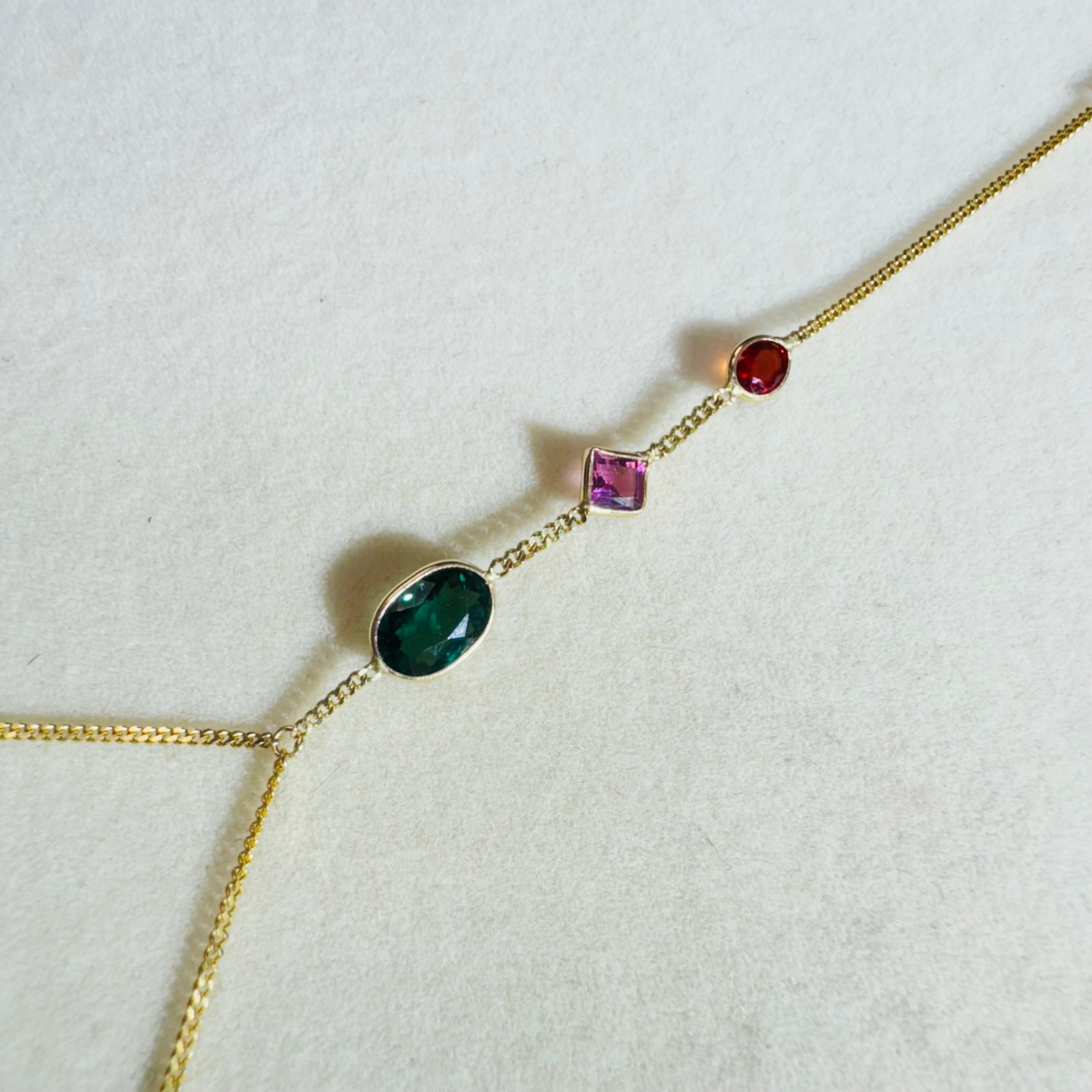 Pink and Green Tourmaline Orange Sapphire 14K Yellow Gold Handchain