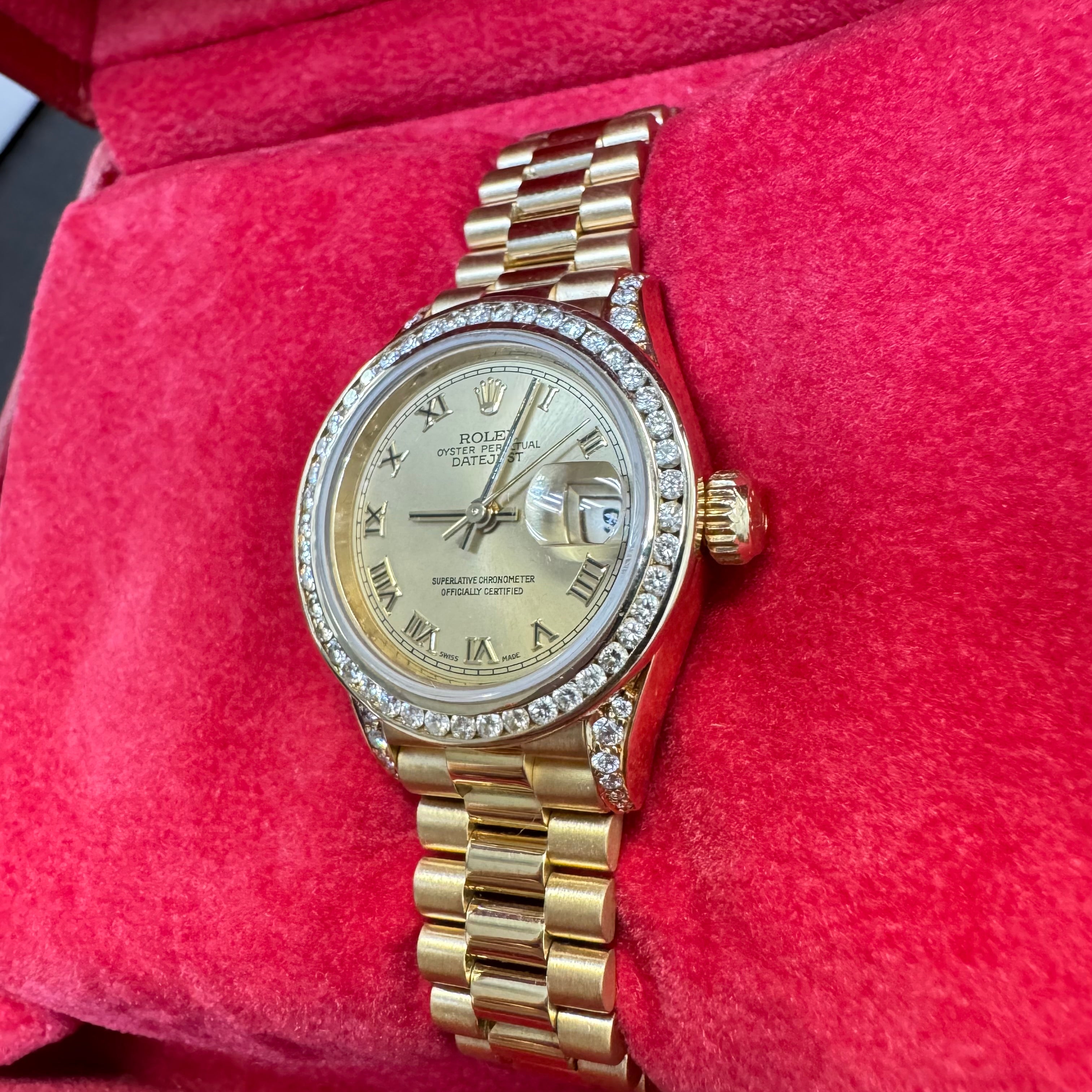 26mm Ladies 18K Gold President DateJust Watch 1996 Diamond Bezel