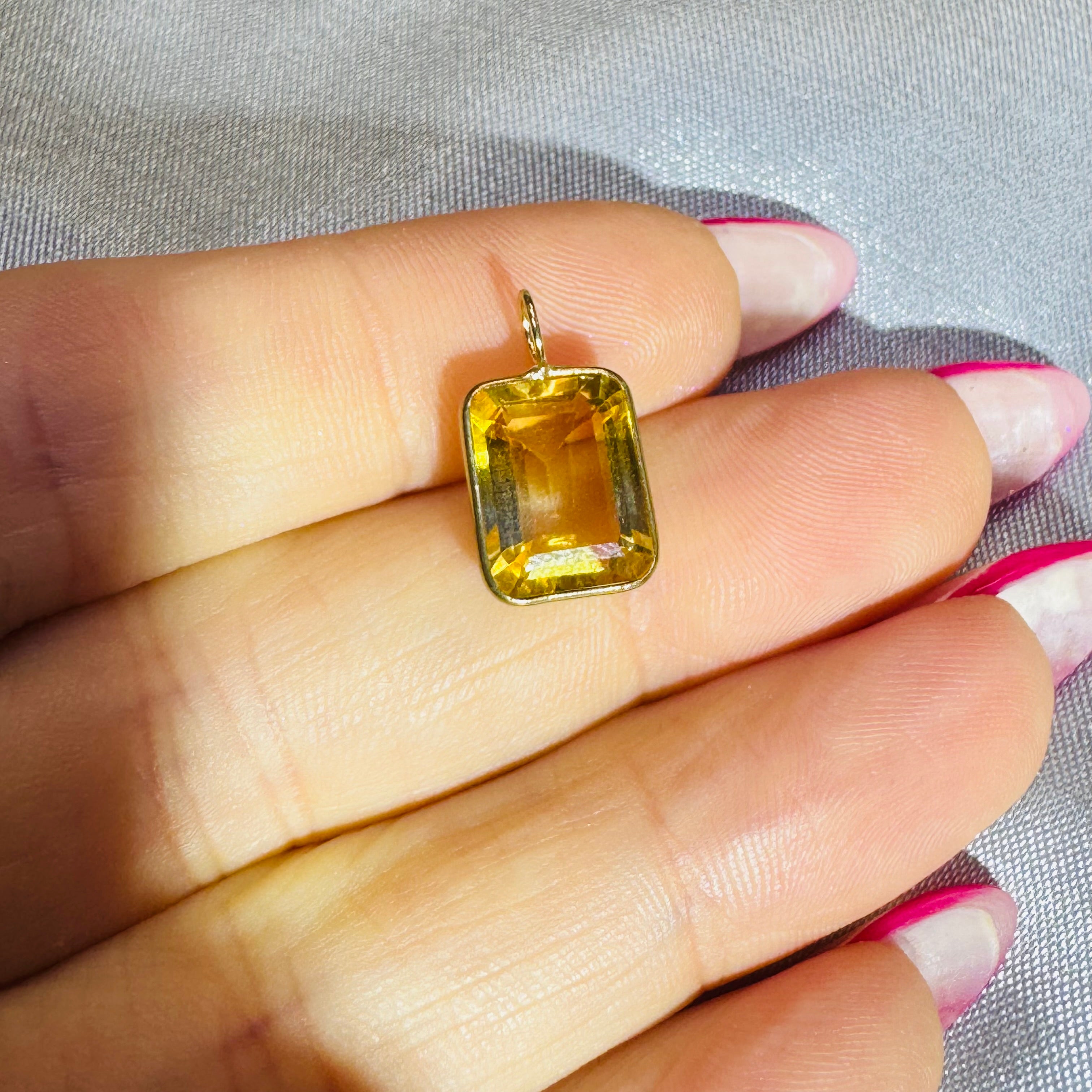 Emerald Cut Citrine Gem Charm Pendant 14K Yellow Gold