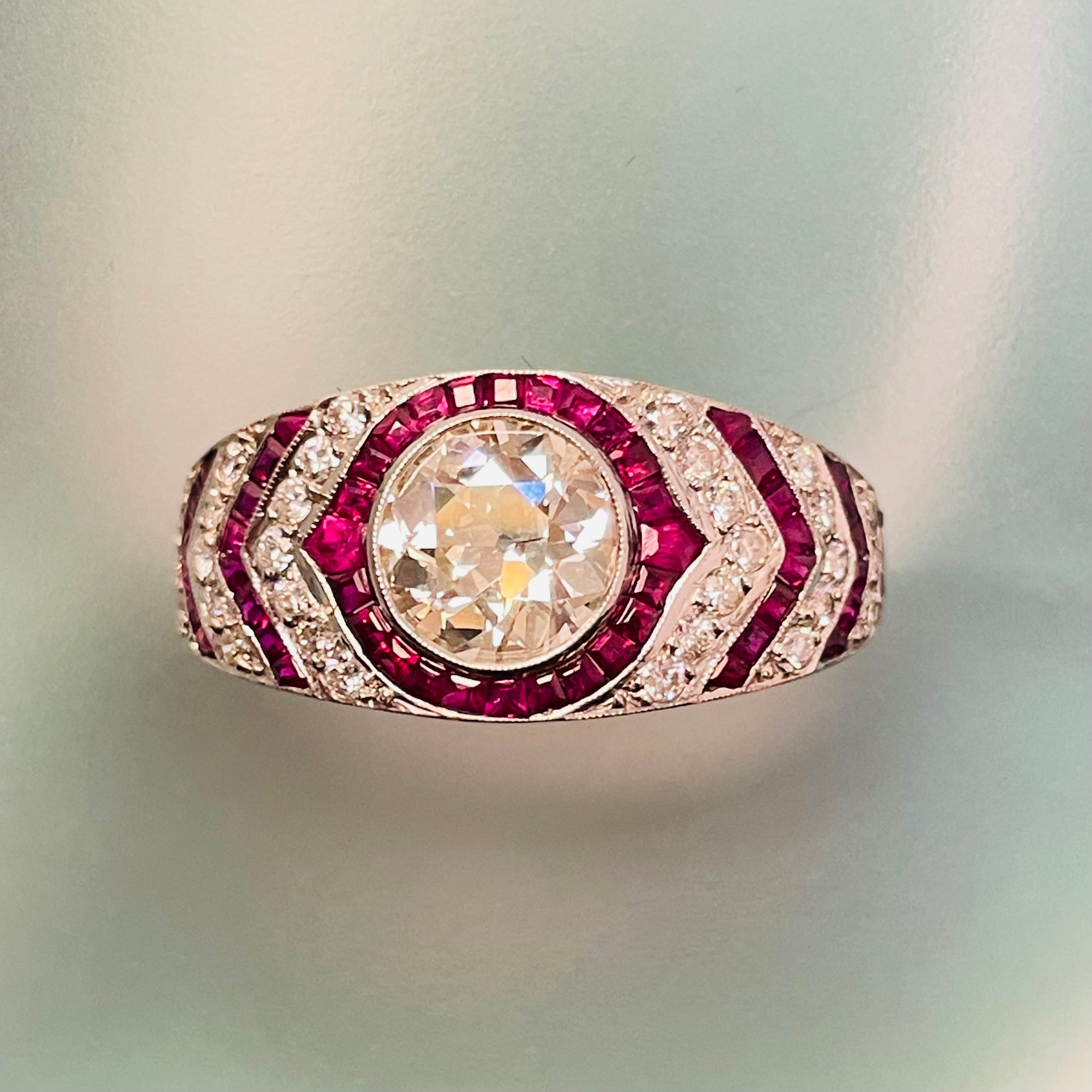 1.41CT Old Mine Diamond and Burma Ruby Antique Art Deco GIA Certified Engagement Ring Size 7.25