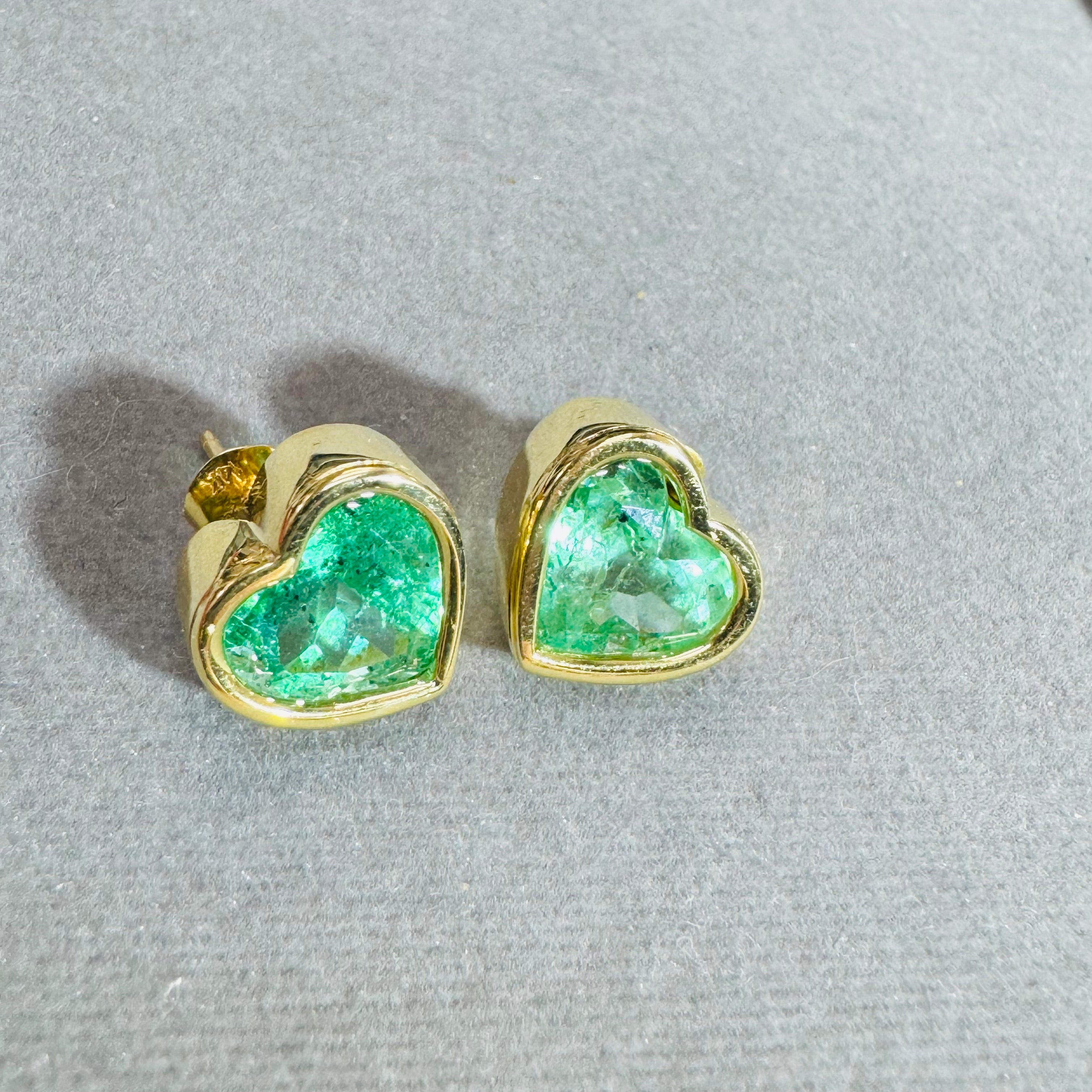 Natural 9CTW Colombian Emerald Heart Earrings 14K Yellow Gold