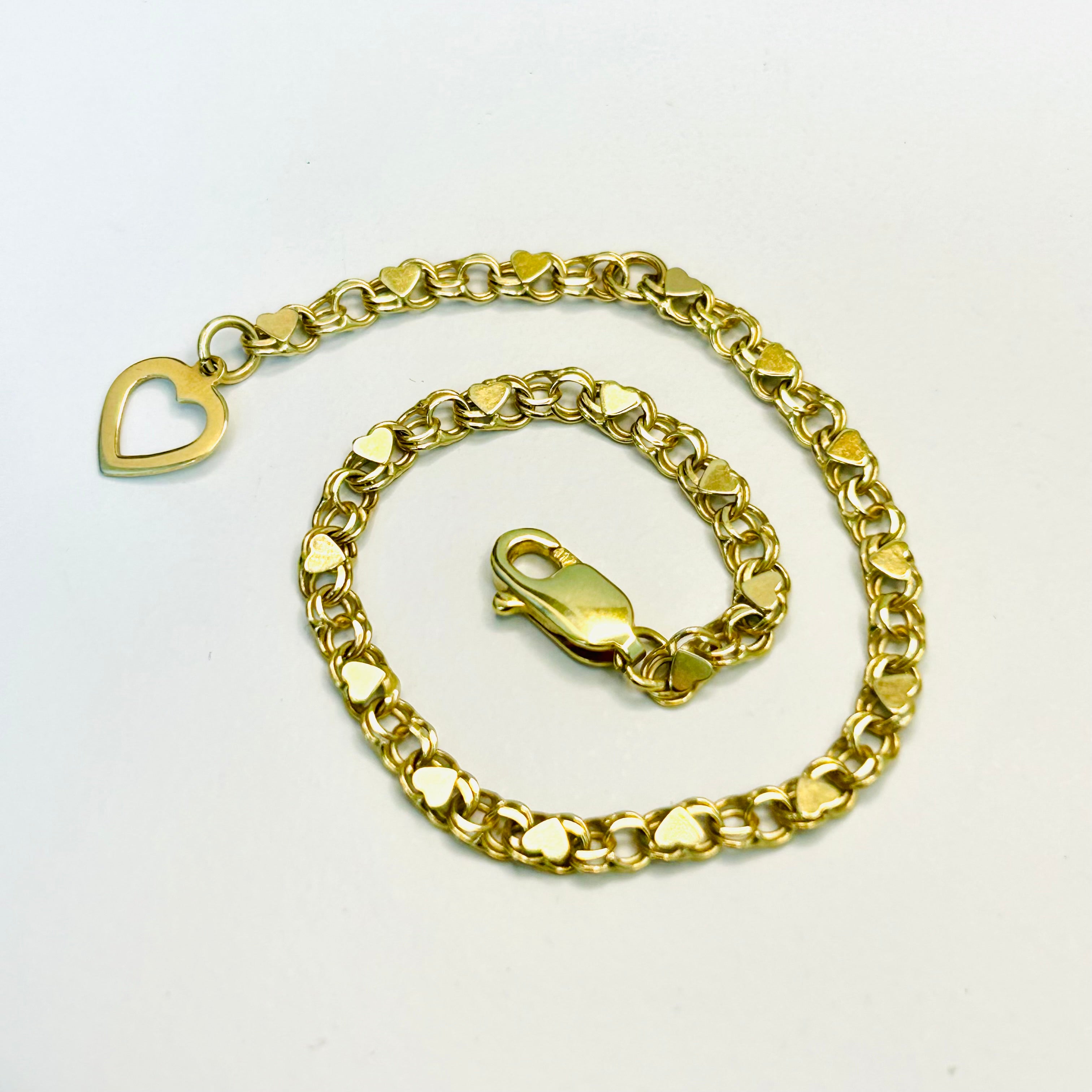 10K Yellow Gold Heart Interlink Link Bracelet 3.4mm 7.25”