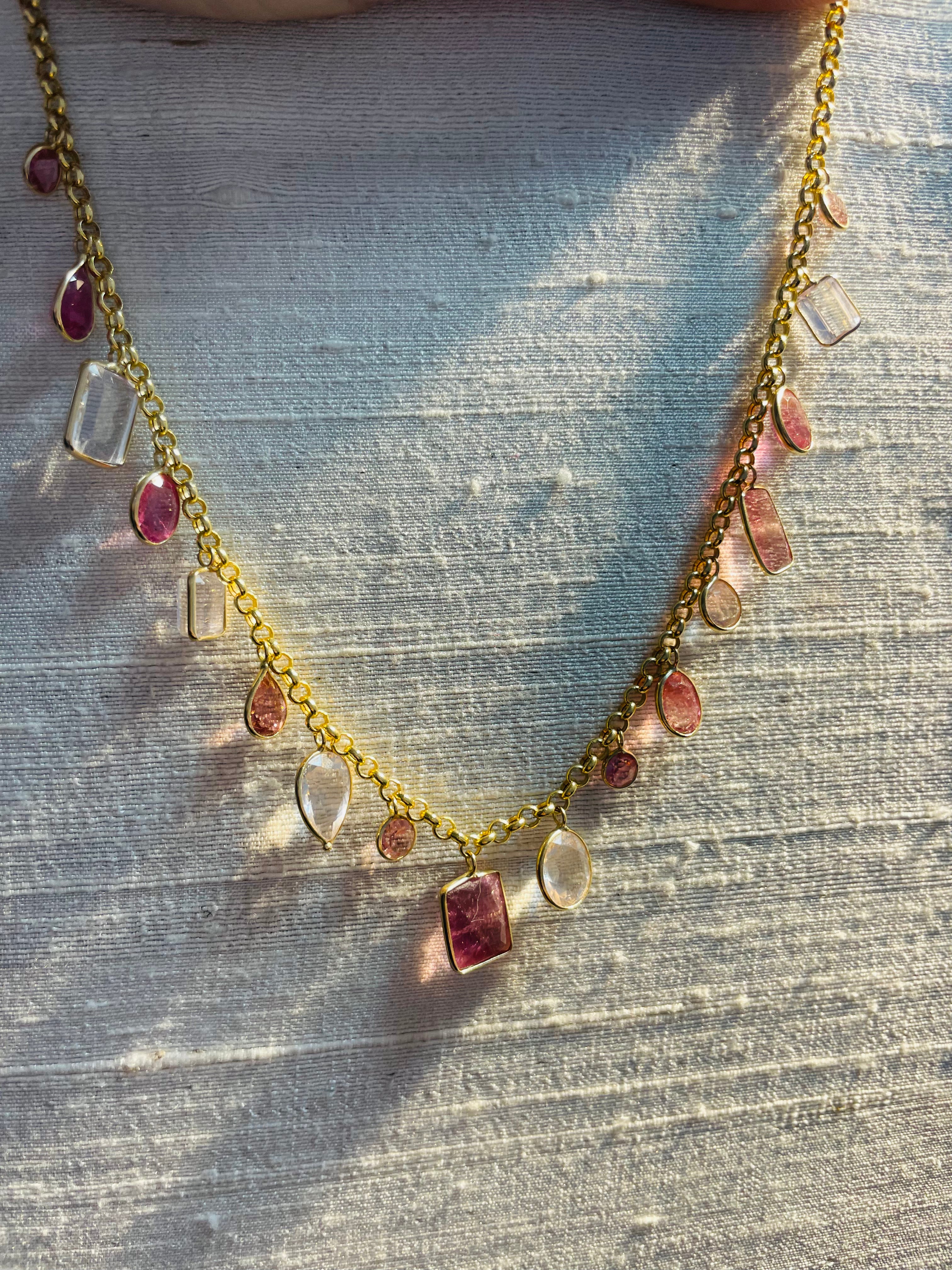 Natural Pink Tourmaline and Kunzite Multi Shape Dangling Necklace 14K Yellow Gold