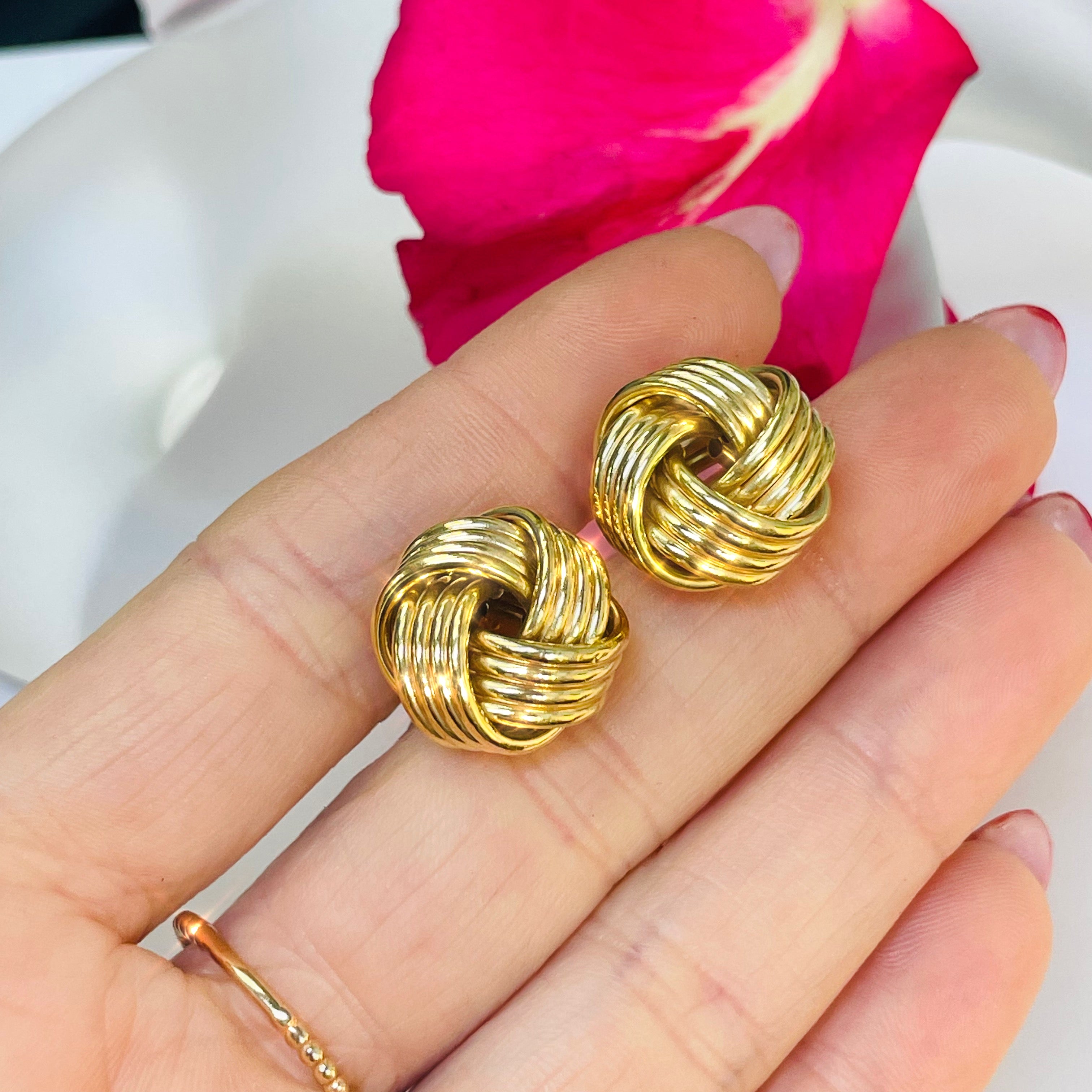 Classic 16mm Wide Dimensional Knot 14K Yellow Gold Earring Studs