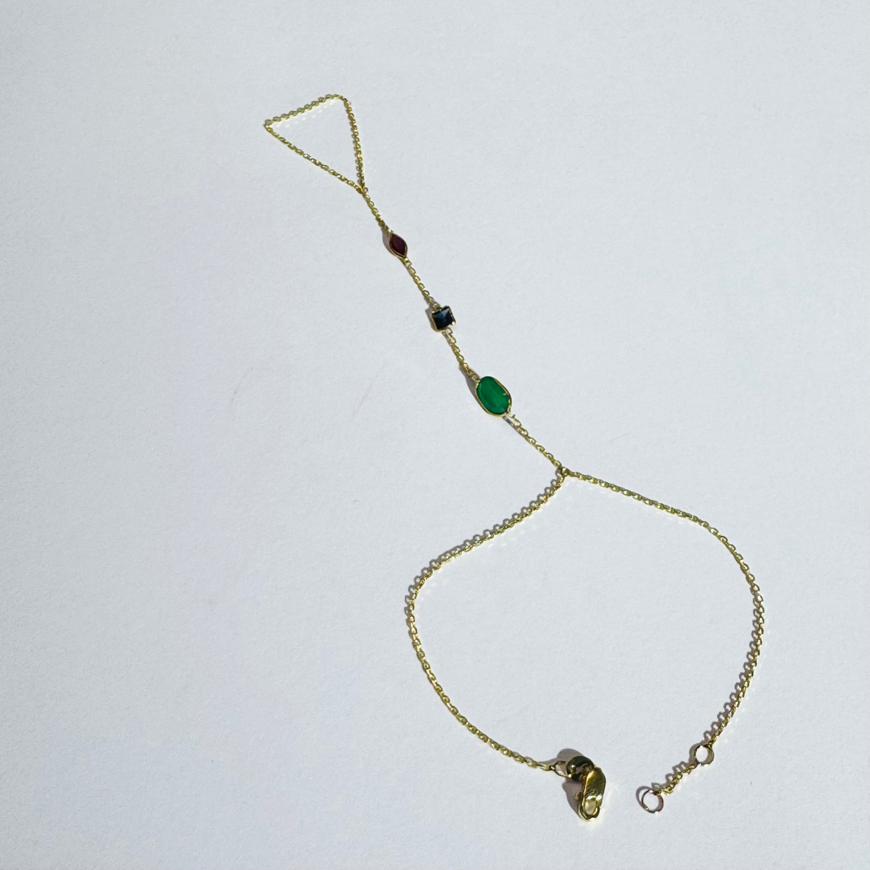 14K Yellow Gold Emerald Ruby Sapphire Handchain