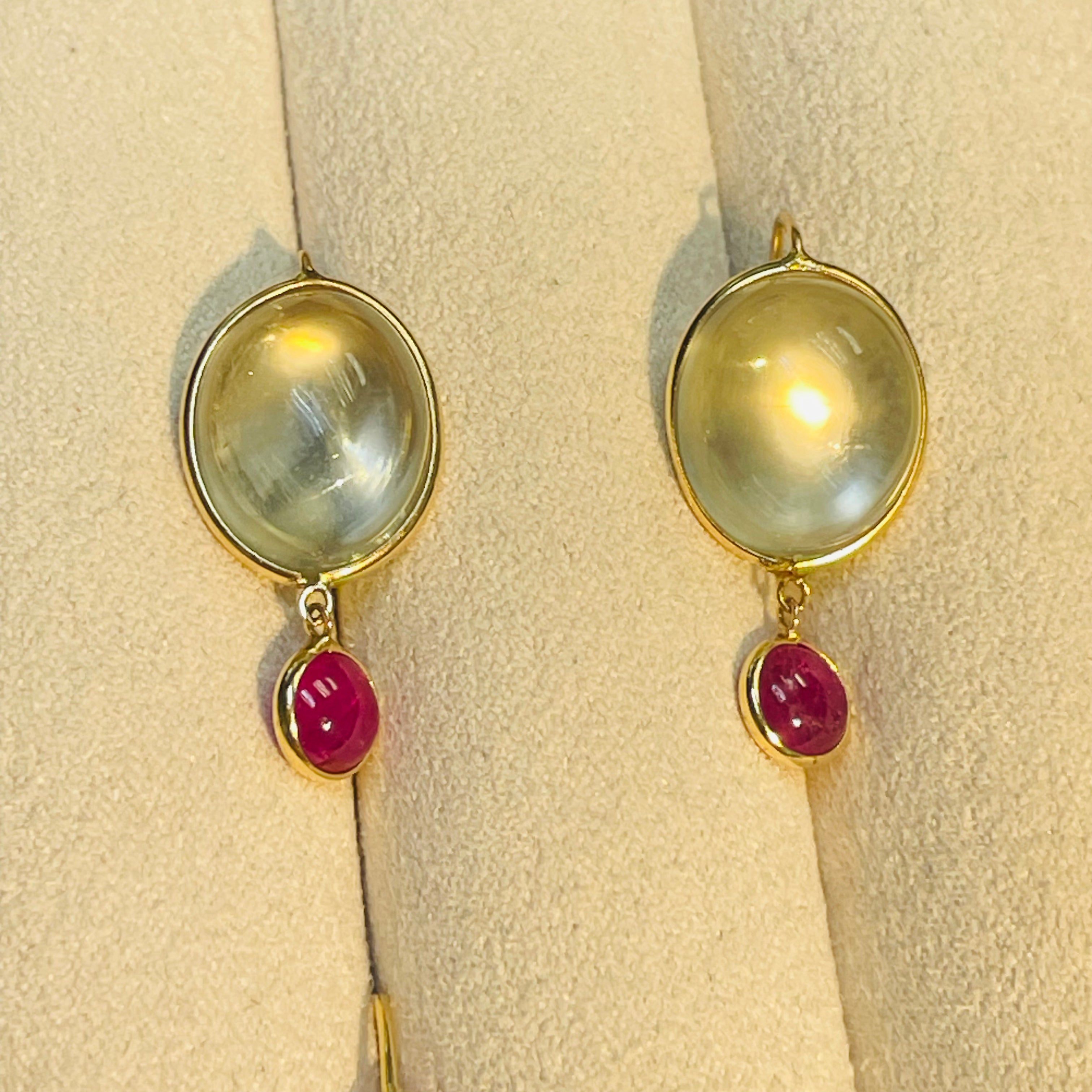 Moonstone and Ruby 14K Yellow Gold Drop Earrings