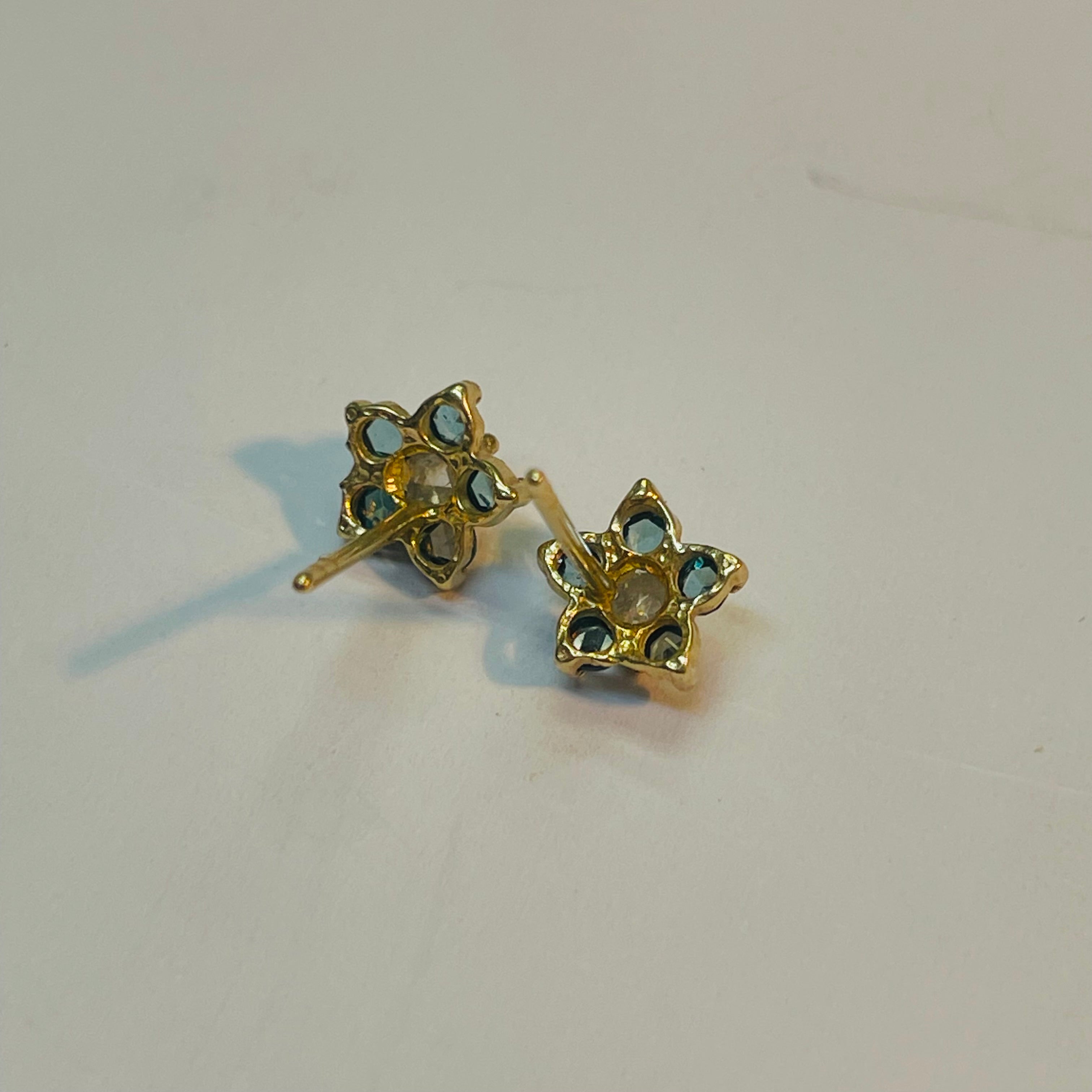 Rose Cut Blue Diamond Stud Earrings 14K Yellow Gold