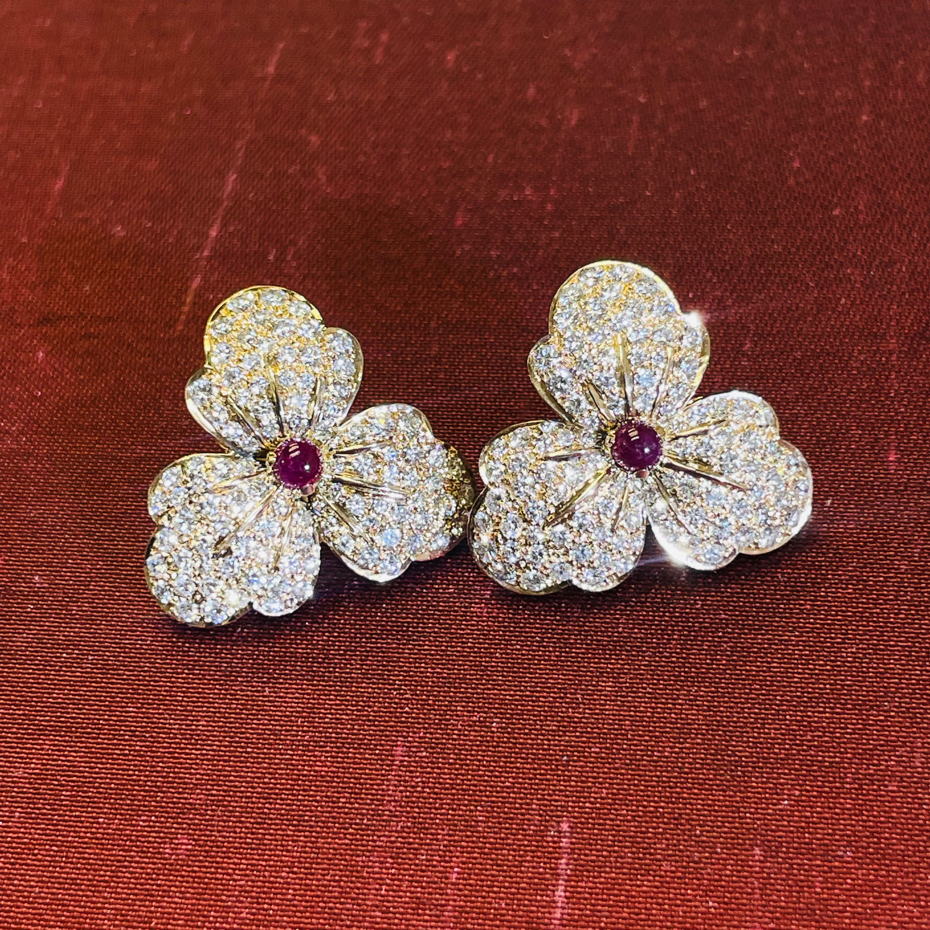 Amazing Vintage Diamond Pave Ruby Flower Earrings