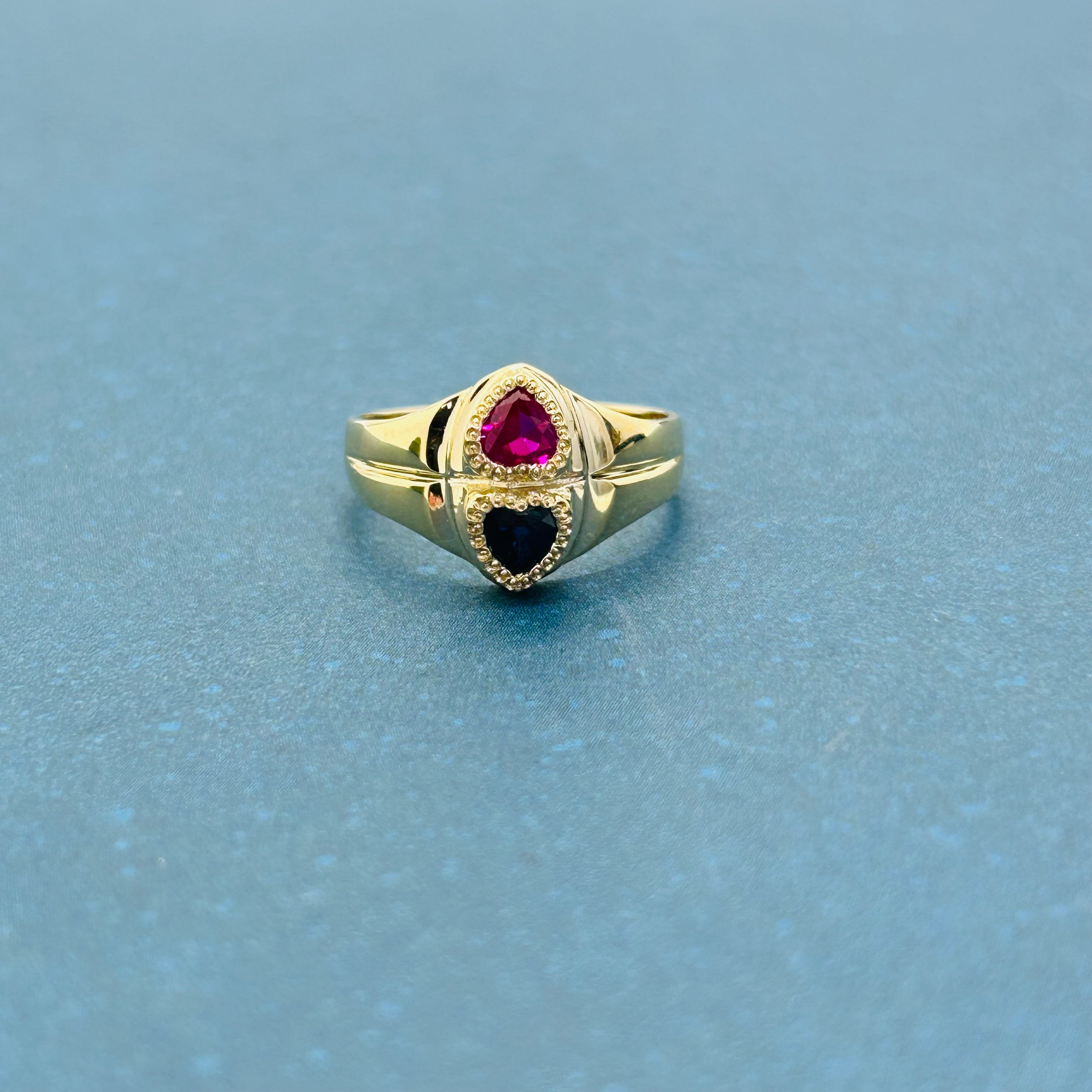 14k Yellow Gold Double Heart Ruby & Sapphire Size 6.25