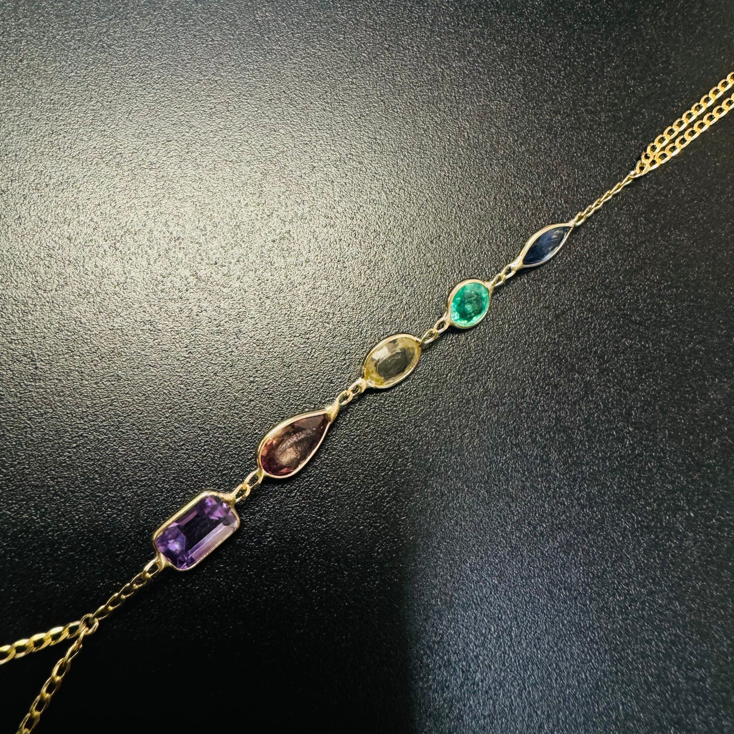 Multi Gem 14K Yellow Gold Curb Link Handchain