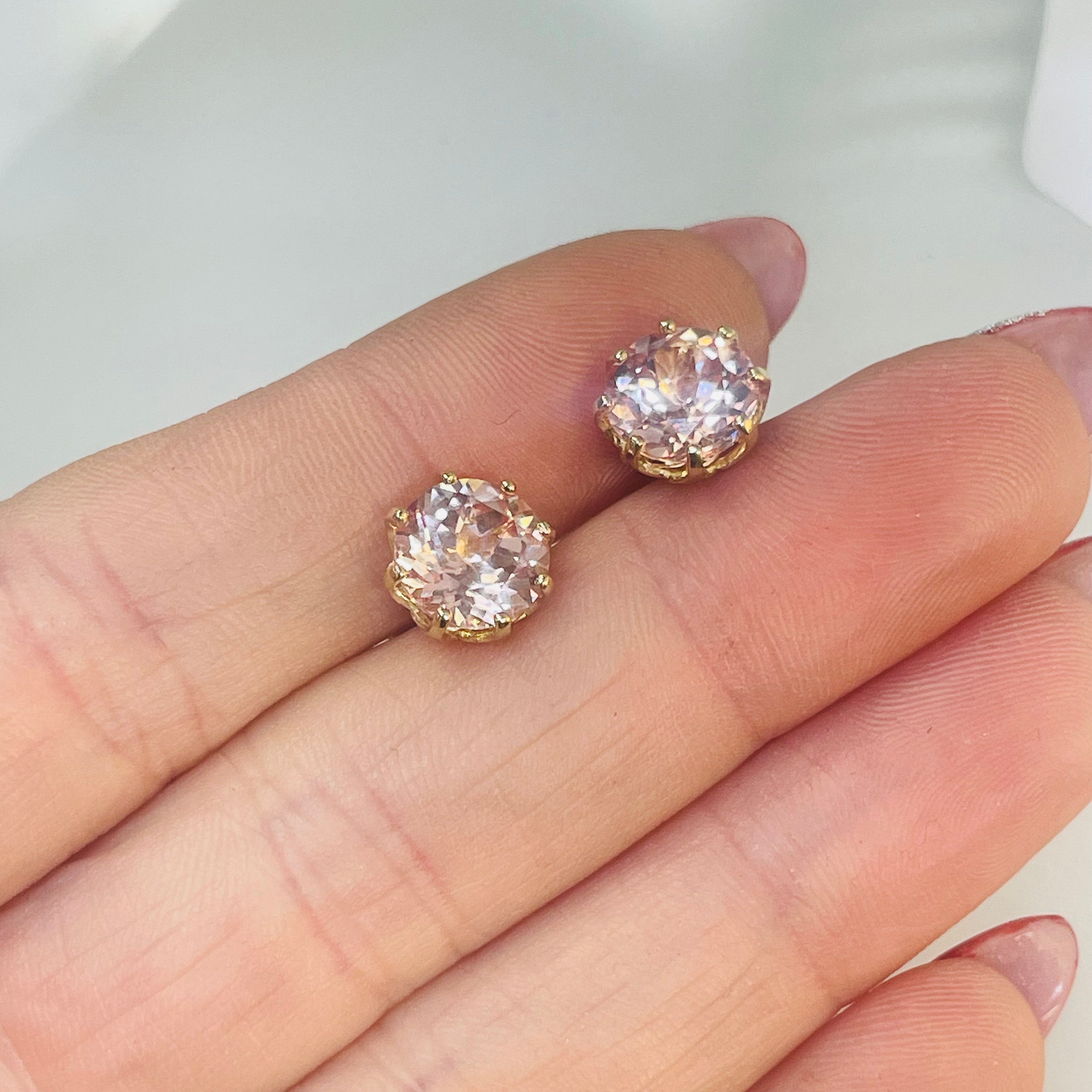 Natural Pink Morganite 9mm Solid 14K Yellow Gold Stud Earrings