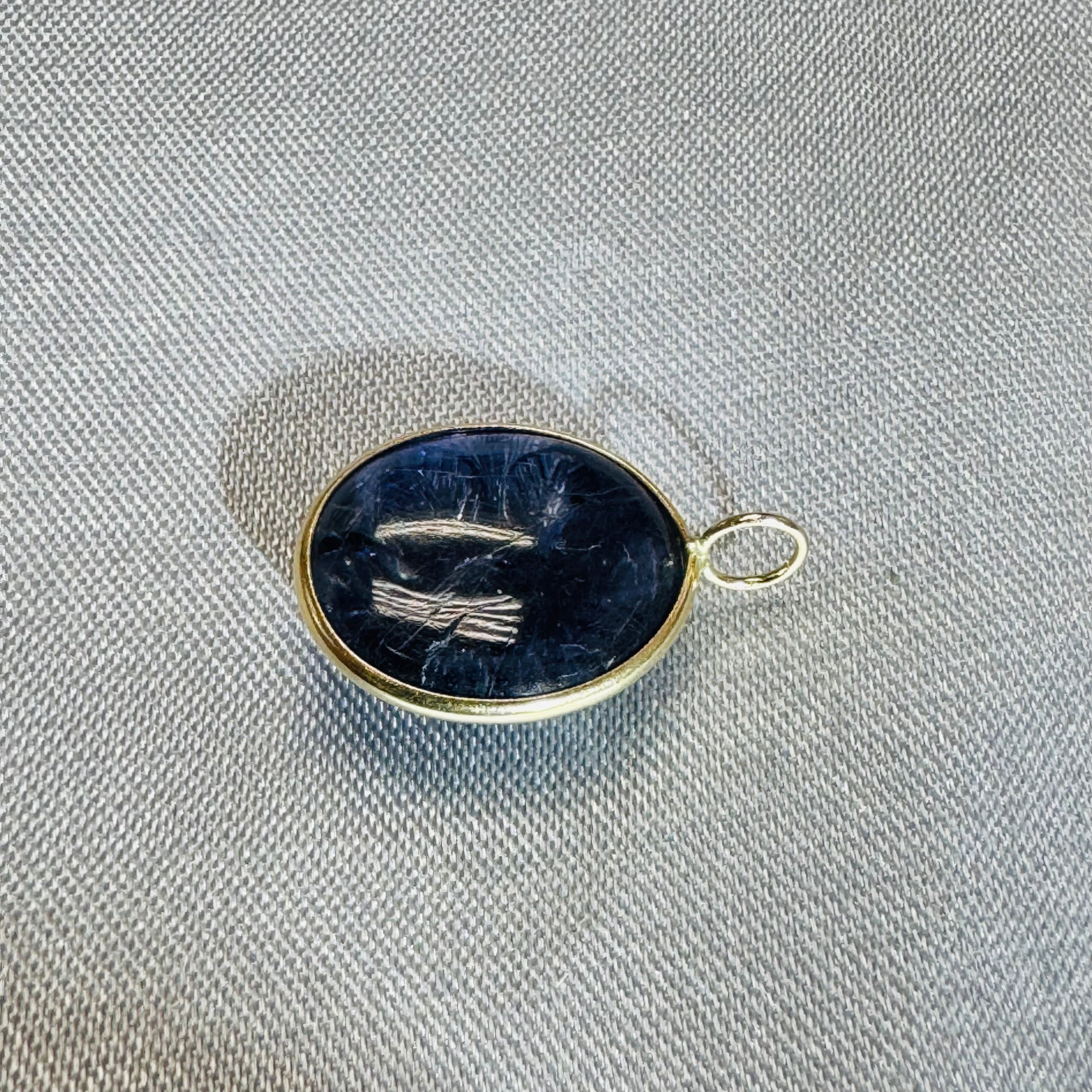 Carved Blue Iolite Pendant 14K Yellow Gold