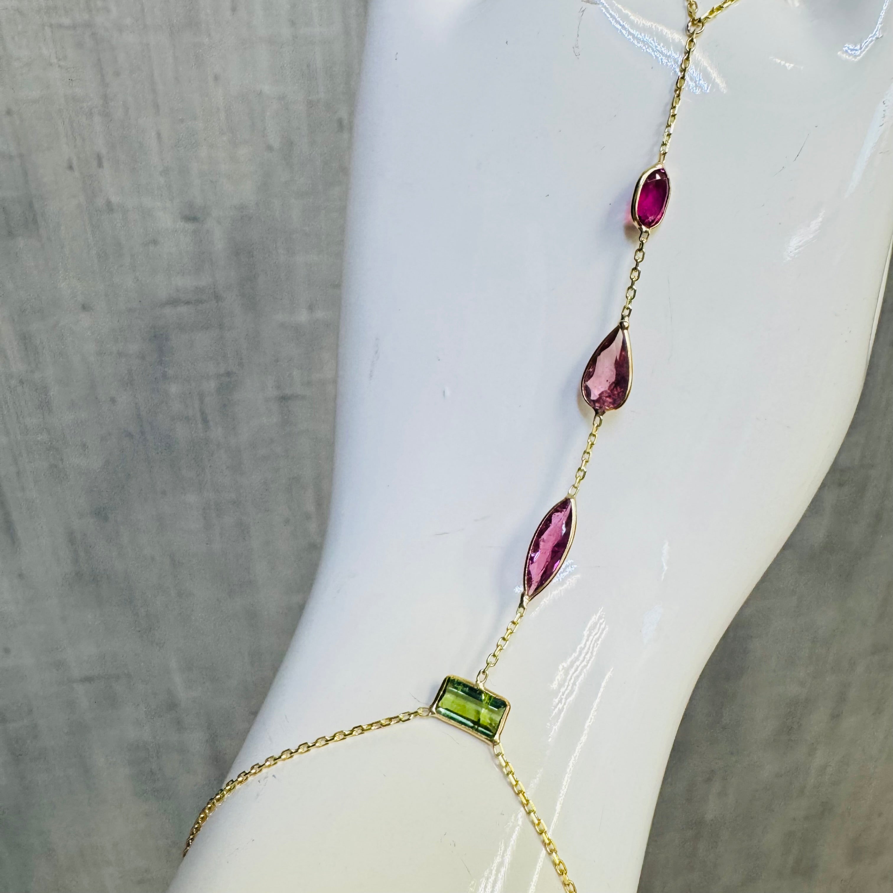 14K Yellow Gold Multi Green and Pink Tourmaline Handchain