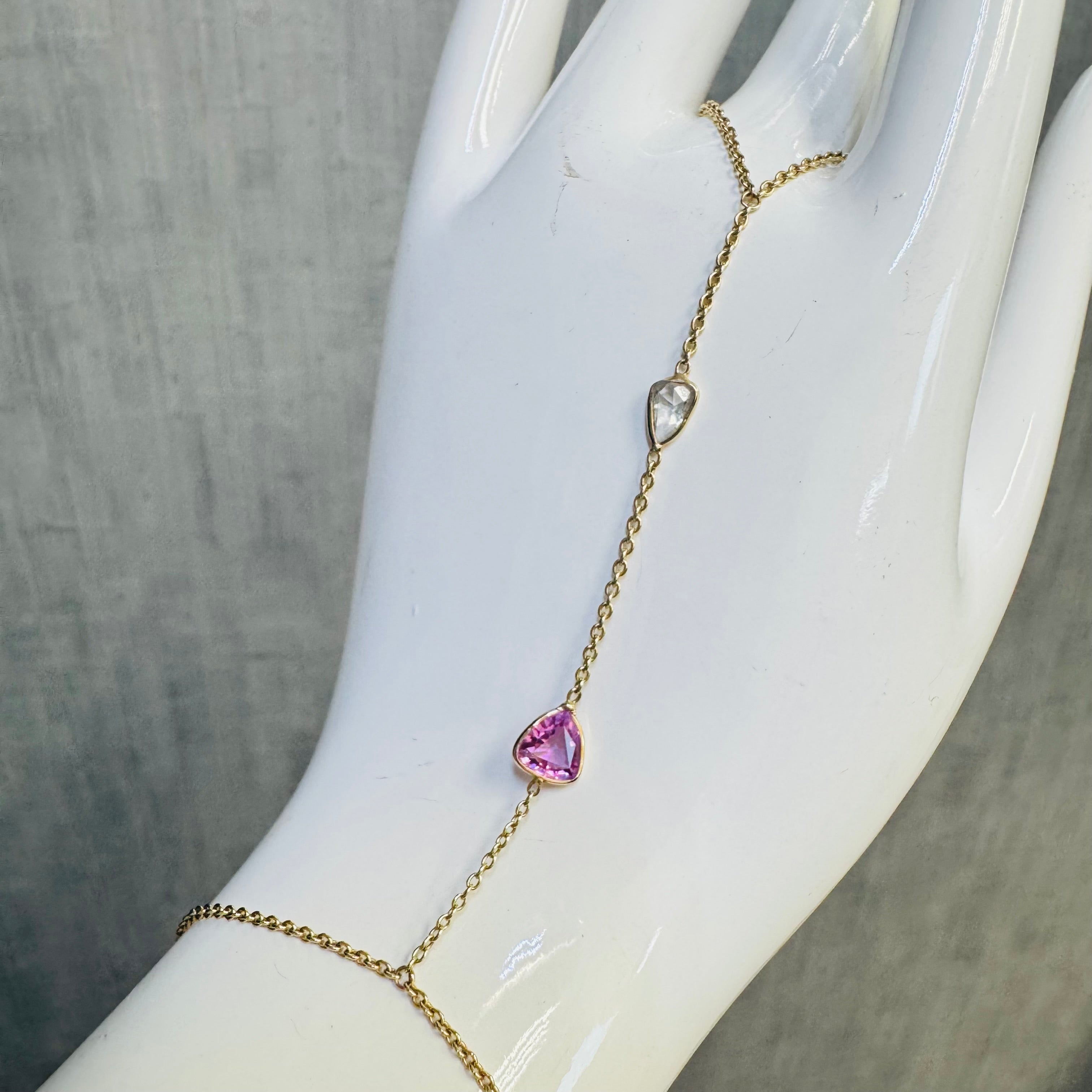 Pink Sapphire and Diamond Rose Cut Hand Chain Bracelet in solid 14k Yellow Gold