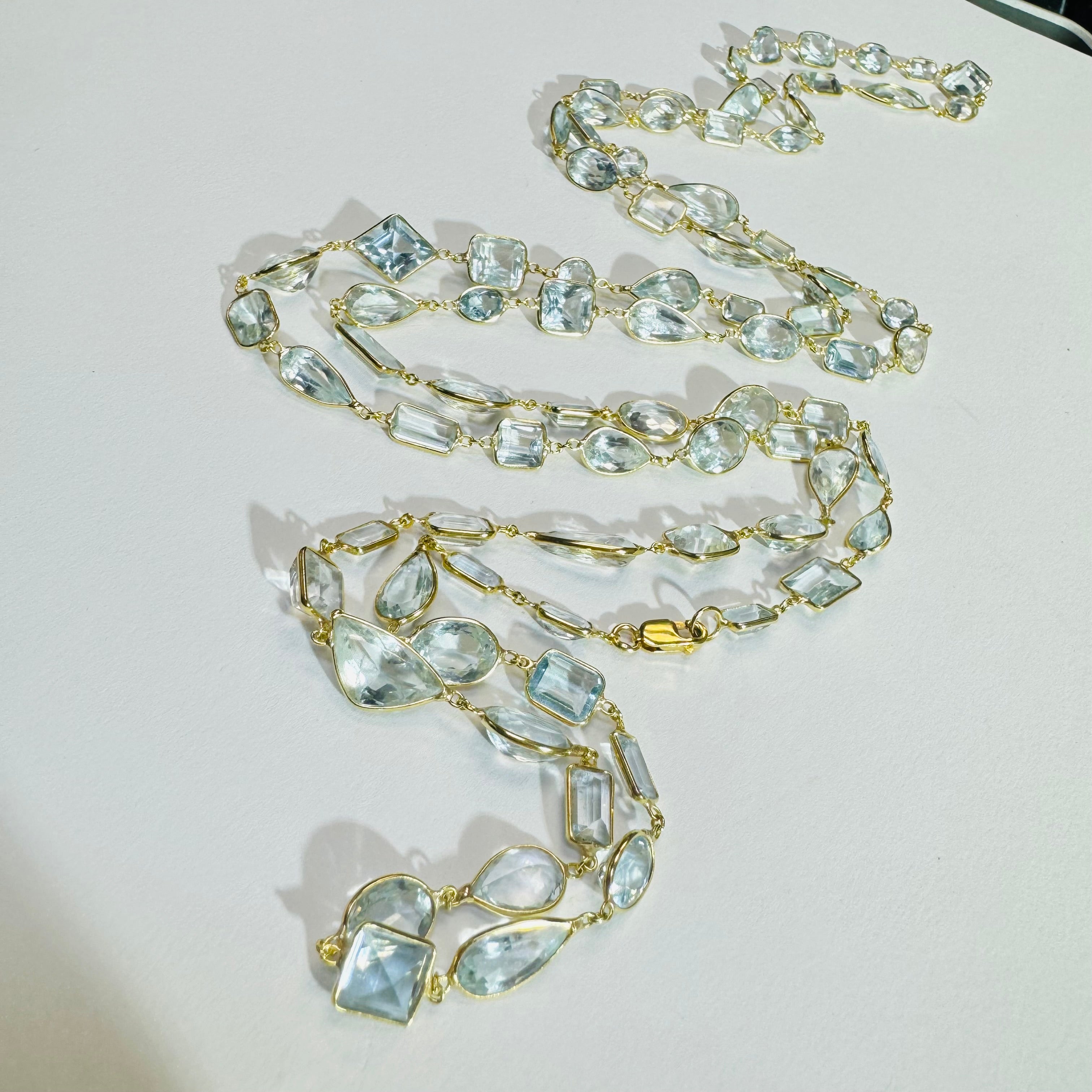 Natural 105 Carats of Aquamarine Solid 18K Yellow Gold By the Yard Necklace Super Long Necklace 42"