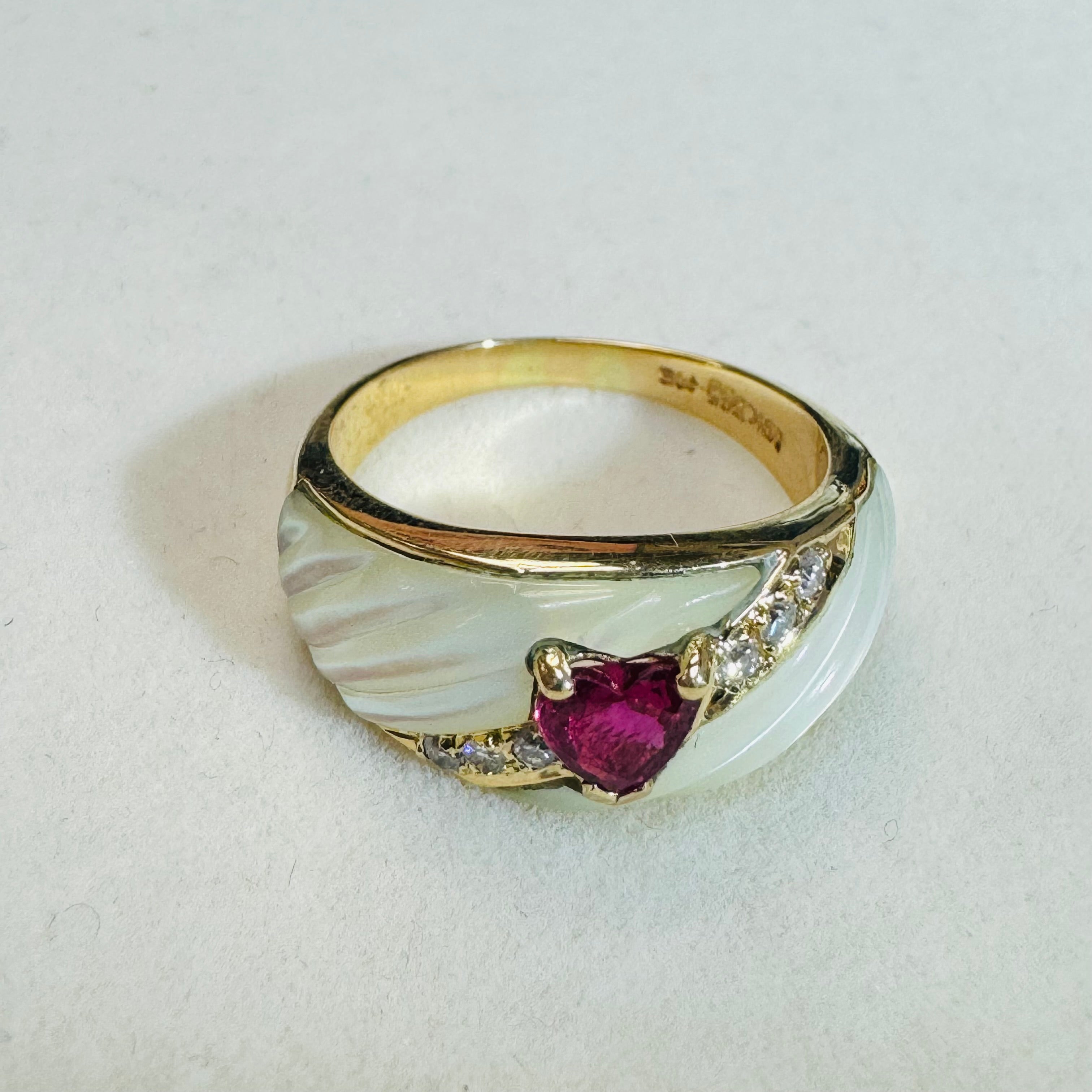 14k Yellow Gold Diamond Mother of Pearl and Ruby Heart Ring Size 7